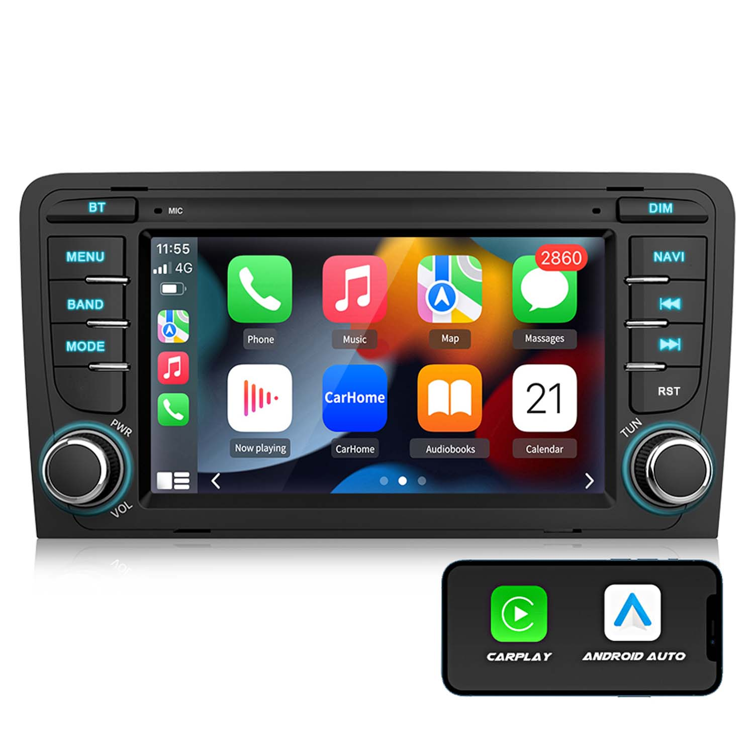 Ekran radia samochodowego wyświetlający ikony aplikacji na białym tle, z telefonem i ikonami.