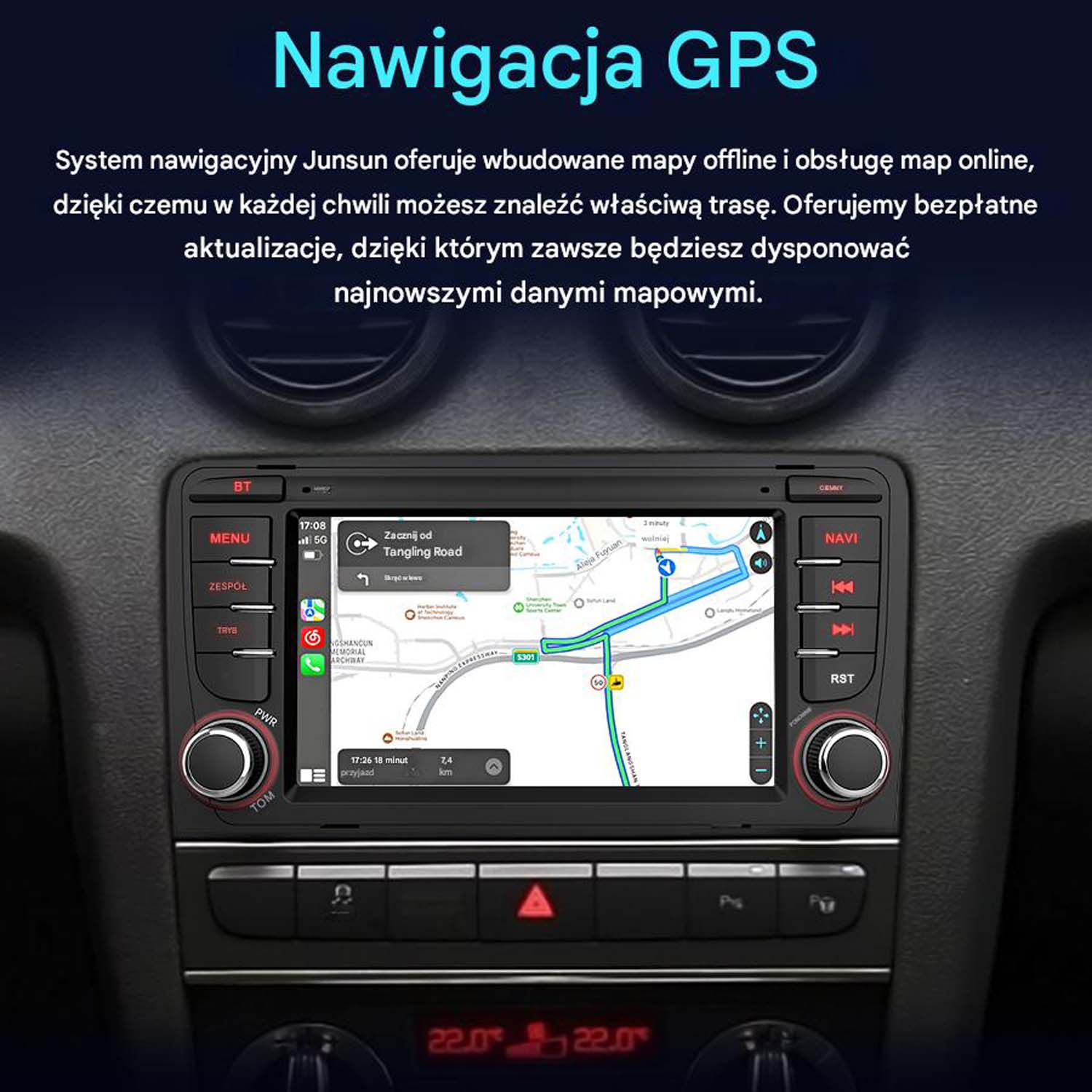 Ekran nawigacji GPS w samochodzie. Tekst po polsku z mapą.