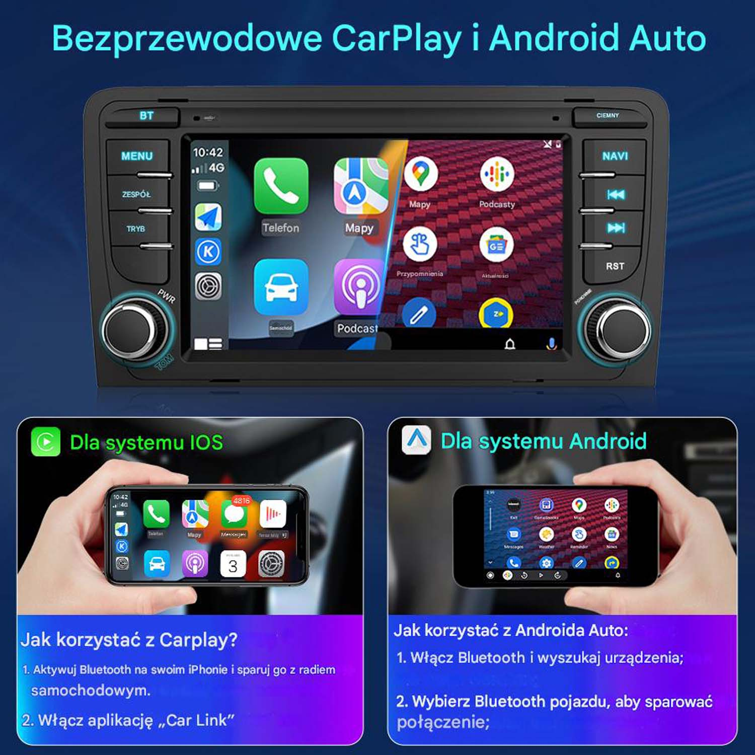 Radio samochodowe z funkcjami CarPlay i Android Auto. Dwa telefony pokazują interfejsy CarPlay i Android Auto.