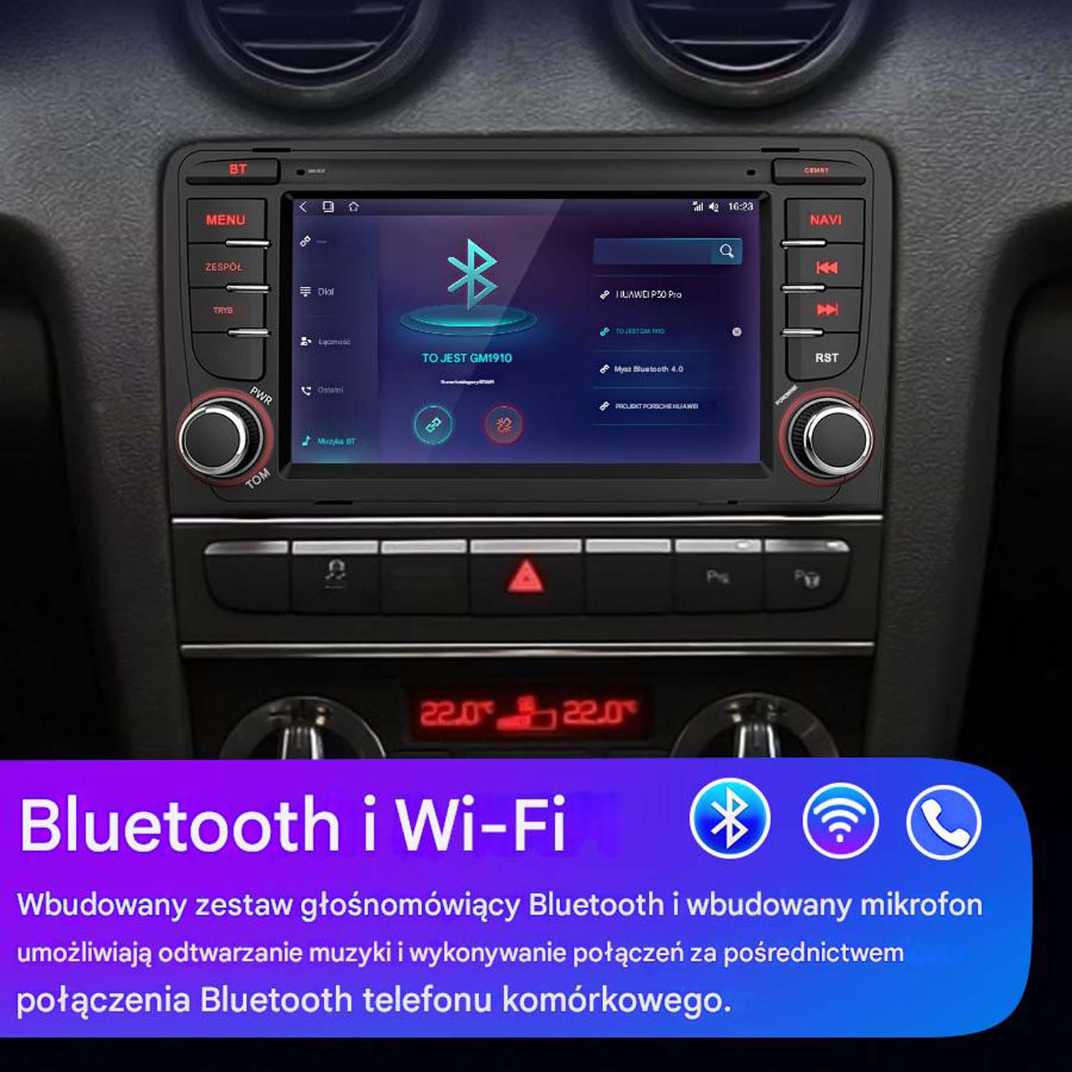 Radio samochodowe pokazujące funkcje Bluetooth i Wi-Fi. Ekran wyświetla ikonę Bluetooth i inne ustawienia.