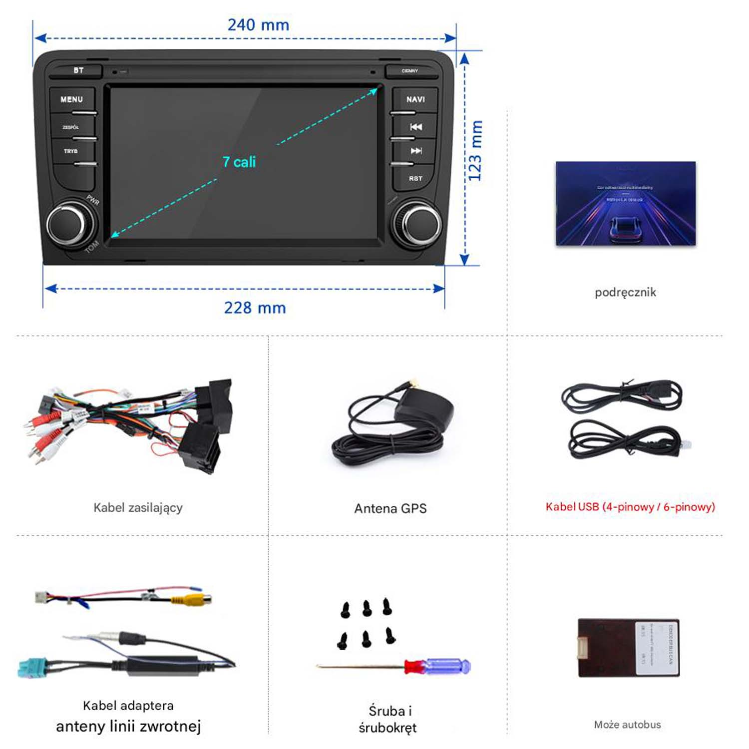 Radio samochodowe z ekranem, wymiary, akcesoria, kable, antena GPS.