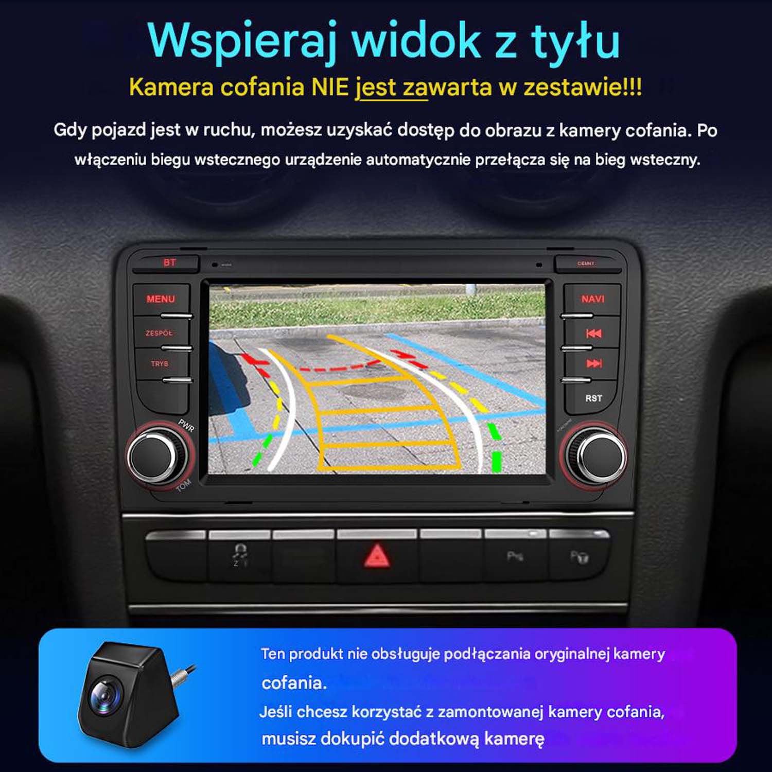 Wyświetlacz radia samochodowego z tekstem. Czarna ramka, białe tło.