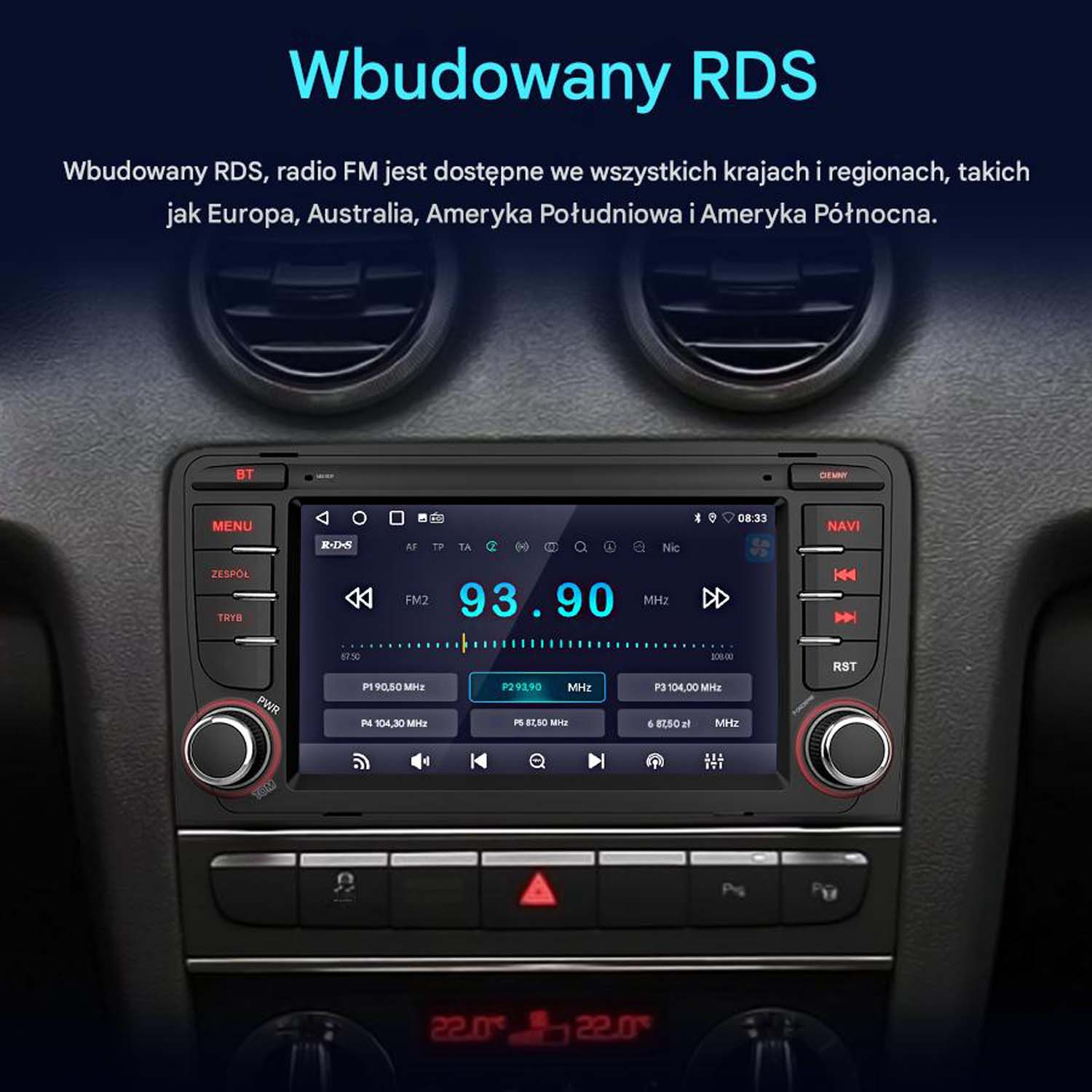 Ekran radia samochodowego wyświetlający informacje radiowe FM i przyciski sterowania. Zamontowany w samochodzie.