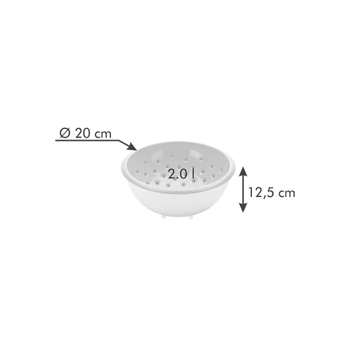 Weißer Durchschlag mit Maßen. Pfeil zeigt 20 cm Durchmesser und 12,5 cm Höhe.