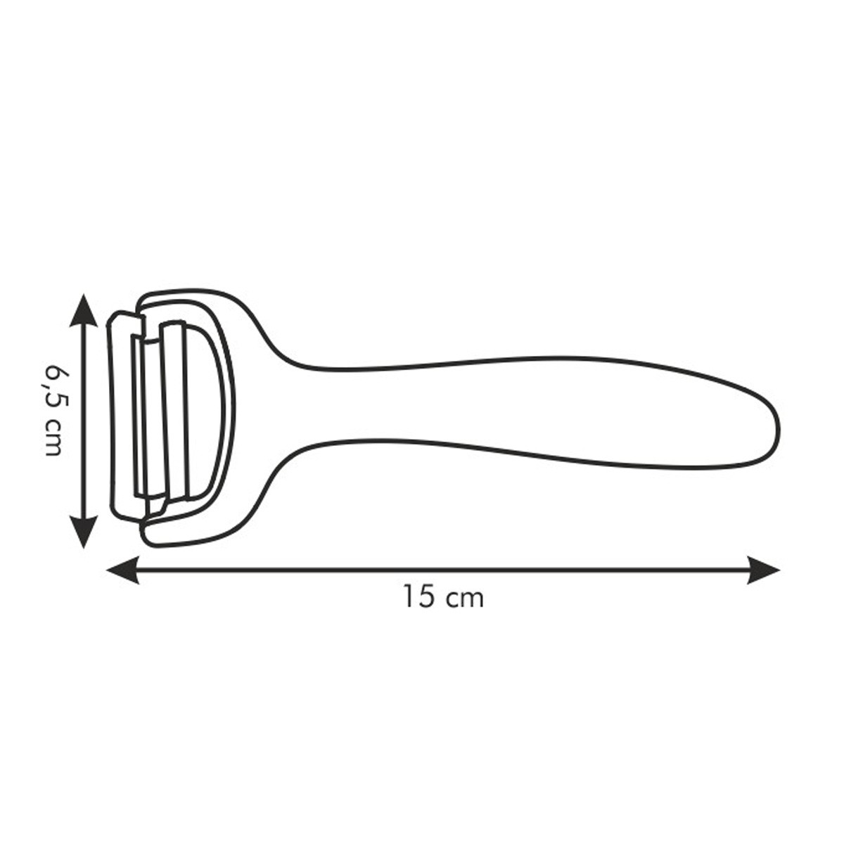 Ein grüner Schäler mit Maßen: 6,5 cm und 15 cm. Weißer Hintergrund.
