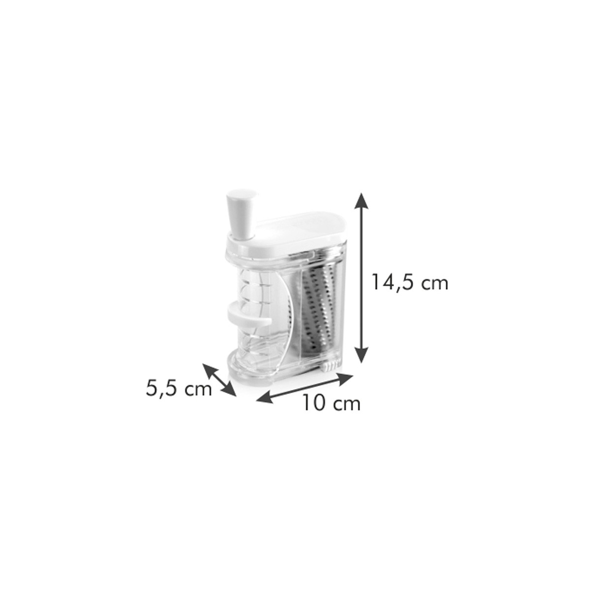 Grattugia in plastica bianca e trasparente. Dimensioni: 10x5,5x14,5 cm. Dimensioni in cm.