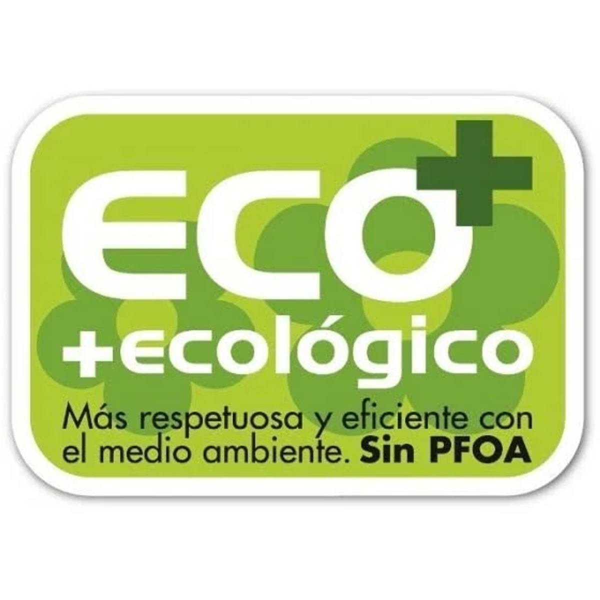 Zielona i biała etykieta. Zielona kwadratowa etykieta z białym tekstem: ECO, i hiszpańskim tekstem.