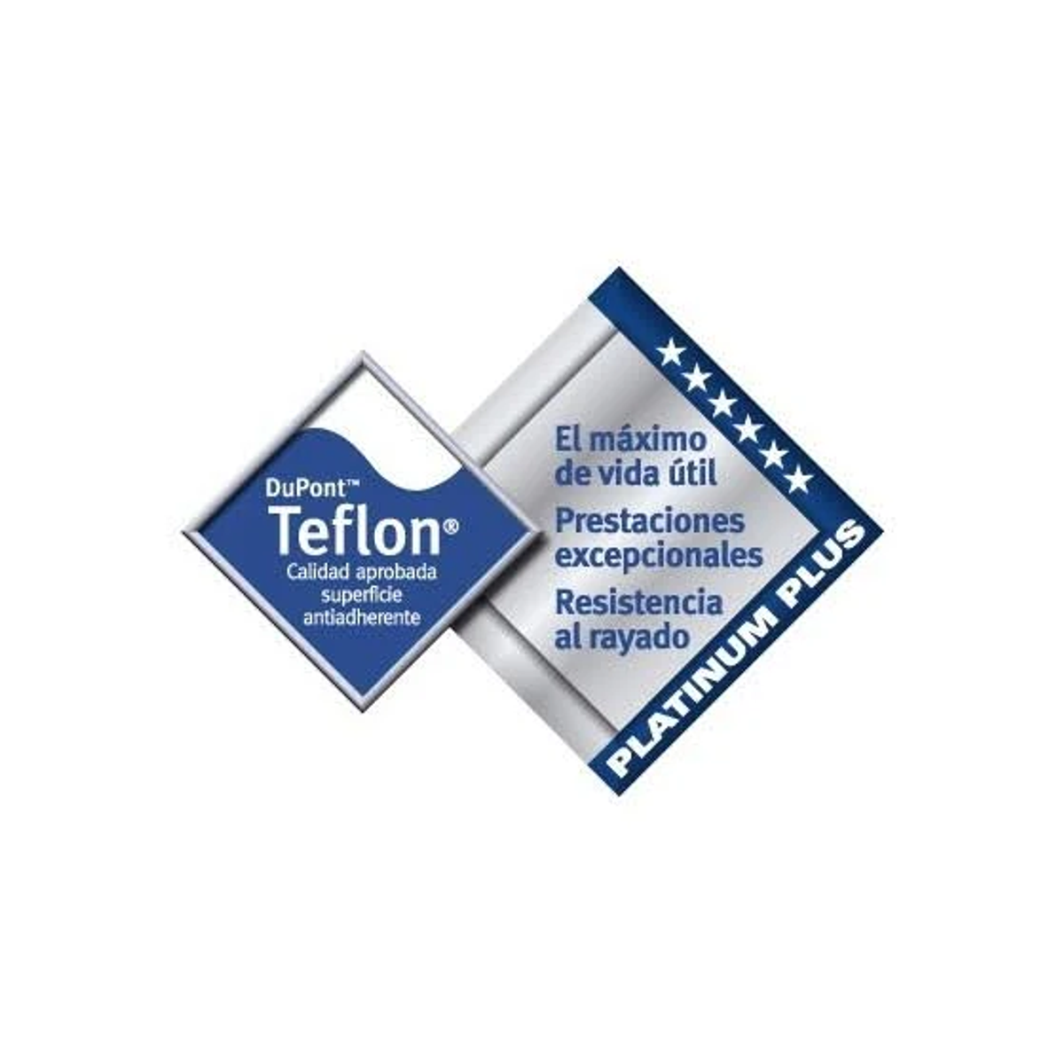 Etykieta DuPont Teflon Platinum Plus. Kolory niebieski i biały. Tekst na etykiecie.