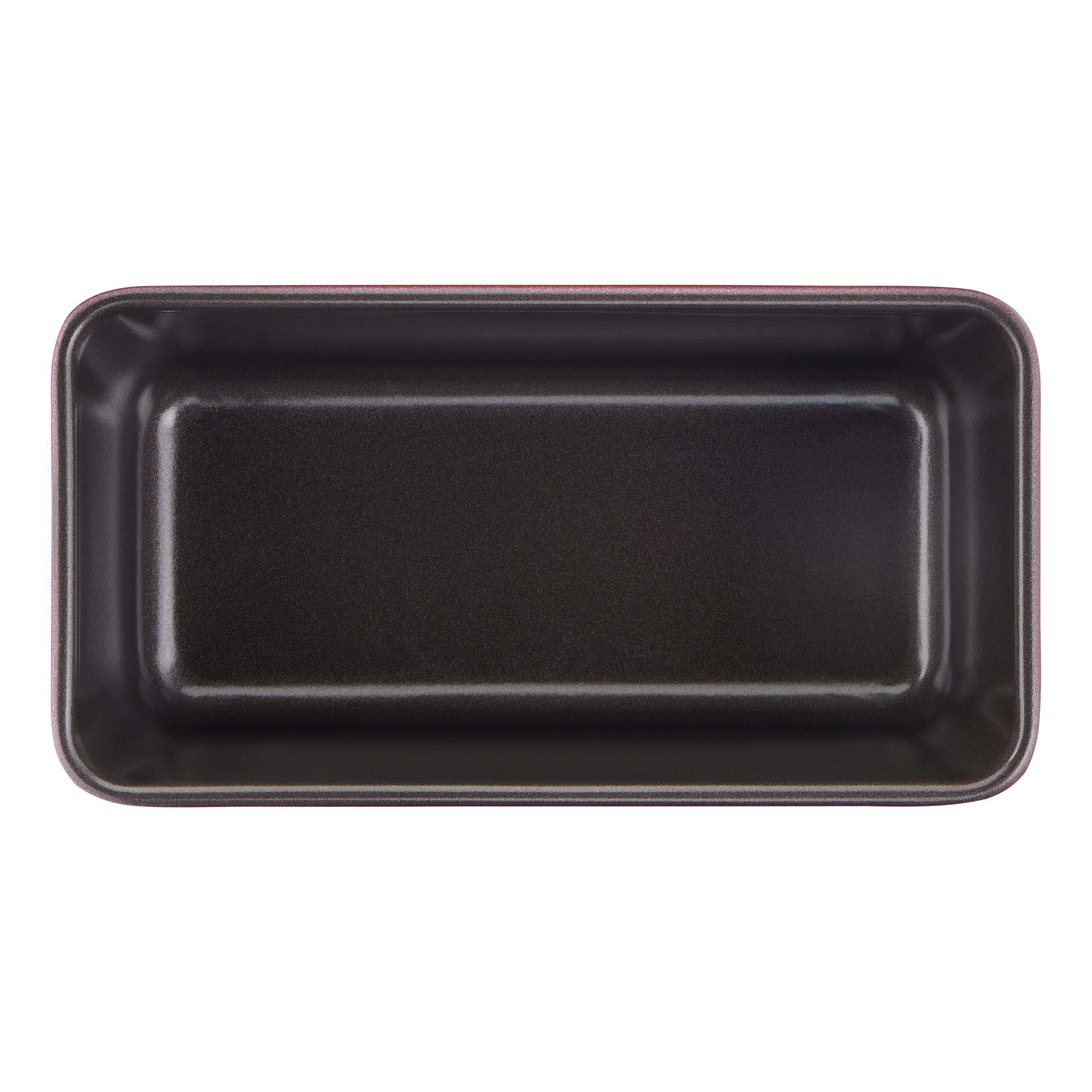 Ciemnobrązowa prostokątna forma do pieczenia chleba. Wnętrze jest czarne, a obręcz ciemnobrązowa. Jest pusta.