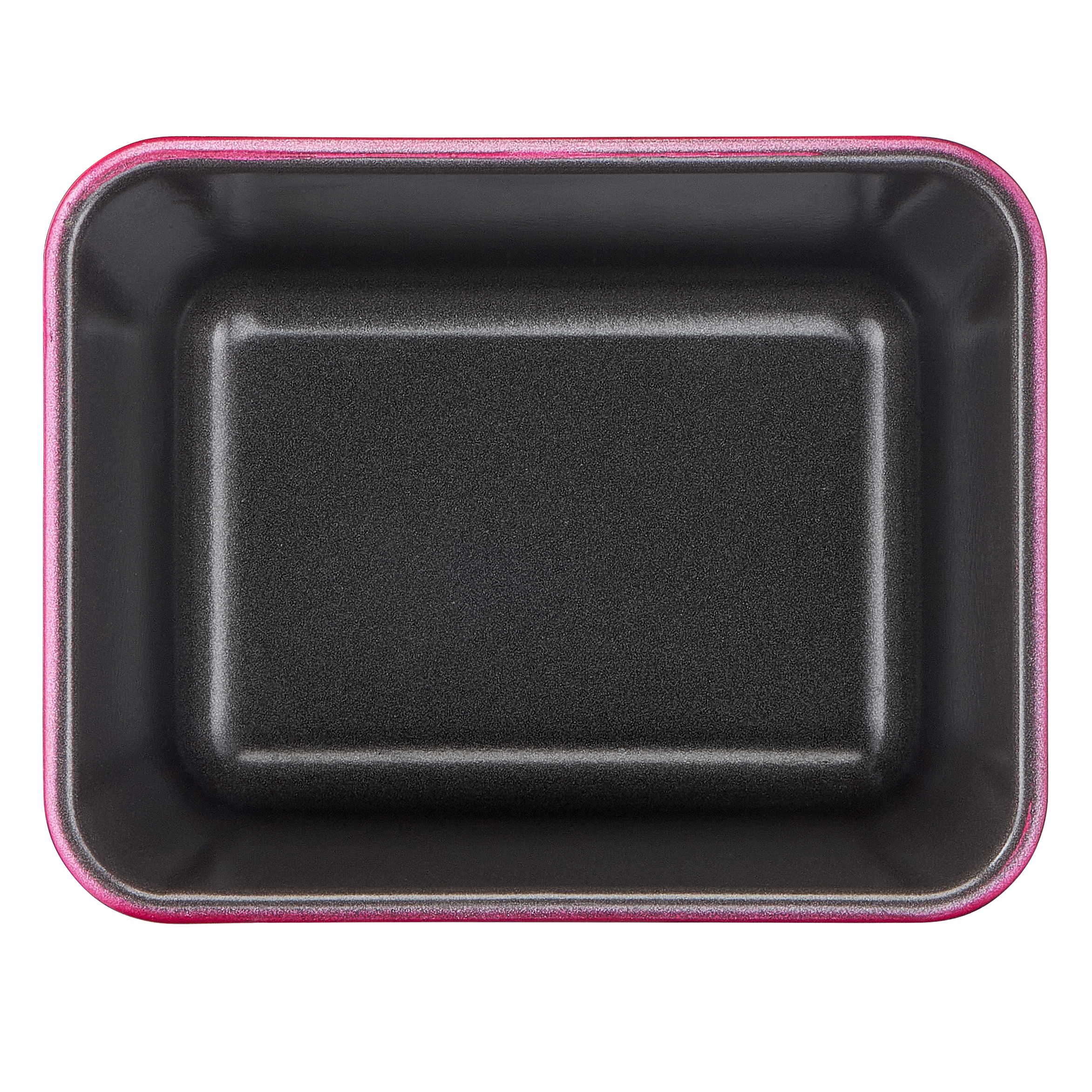 Schwarze rechteckige Backform mit pinkfarbenem Rand auf weißem Hintergrund.