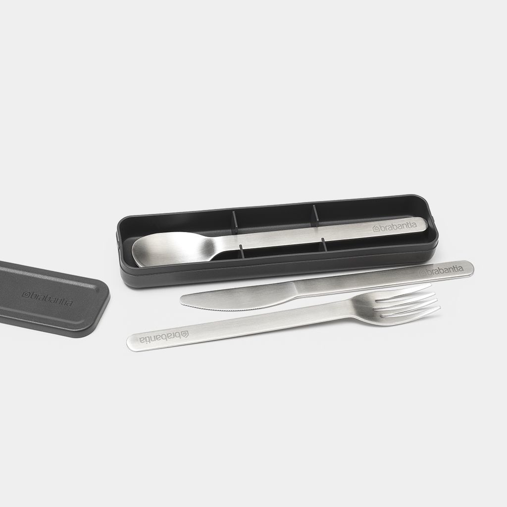 Un cucchiaio, un coltello e una forchetta in acciaio inox, con un astuccio grigio, su bianco.