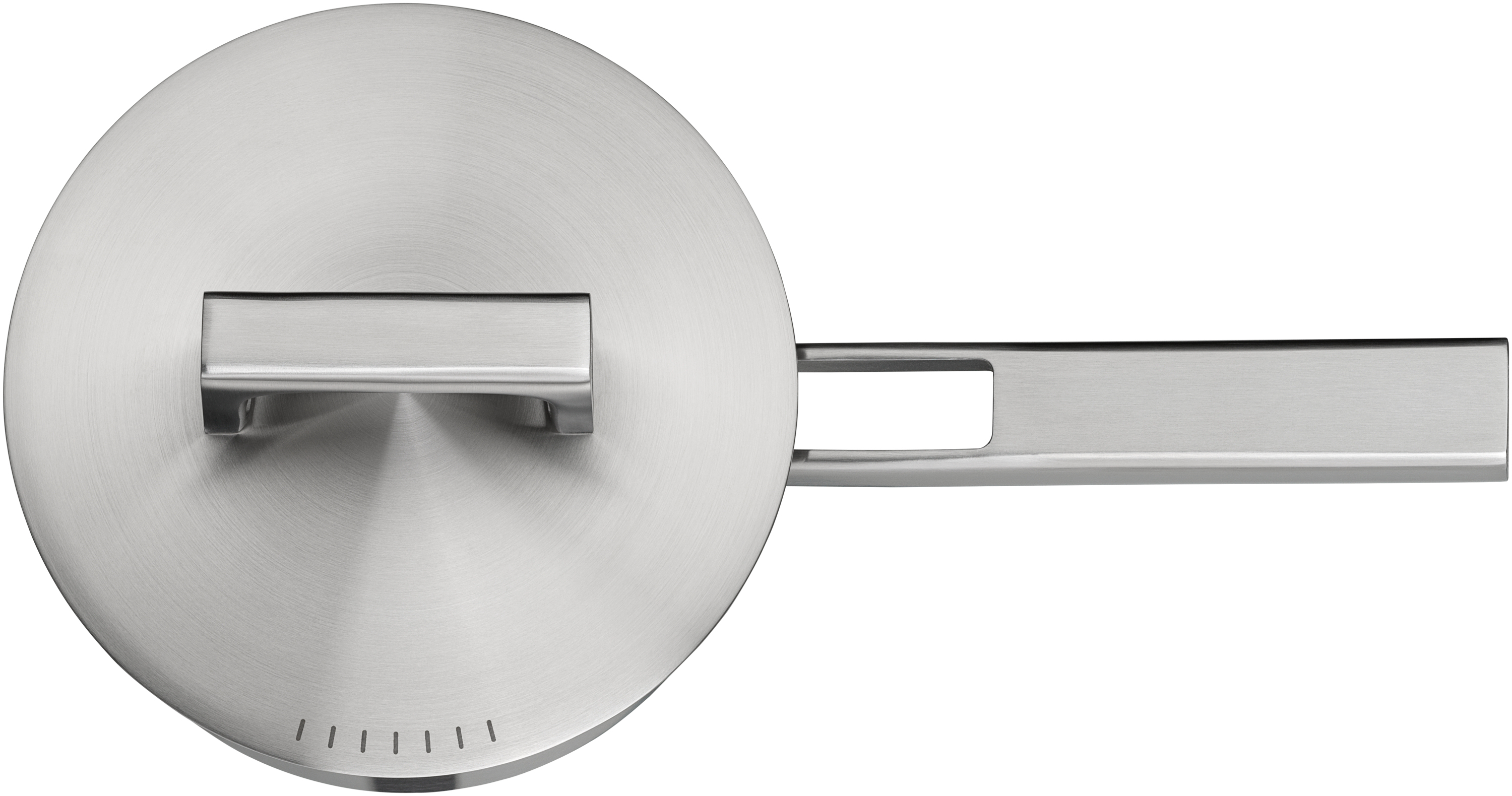 Edelstahl-Topfdeckel mit Griff, Draufsicht, auf weißem Hintergrund.