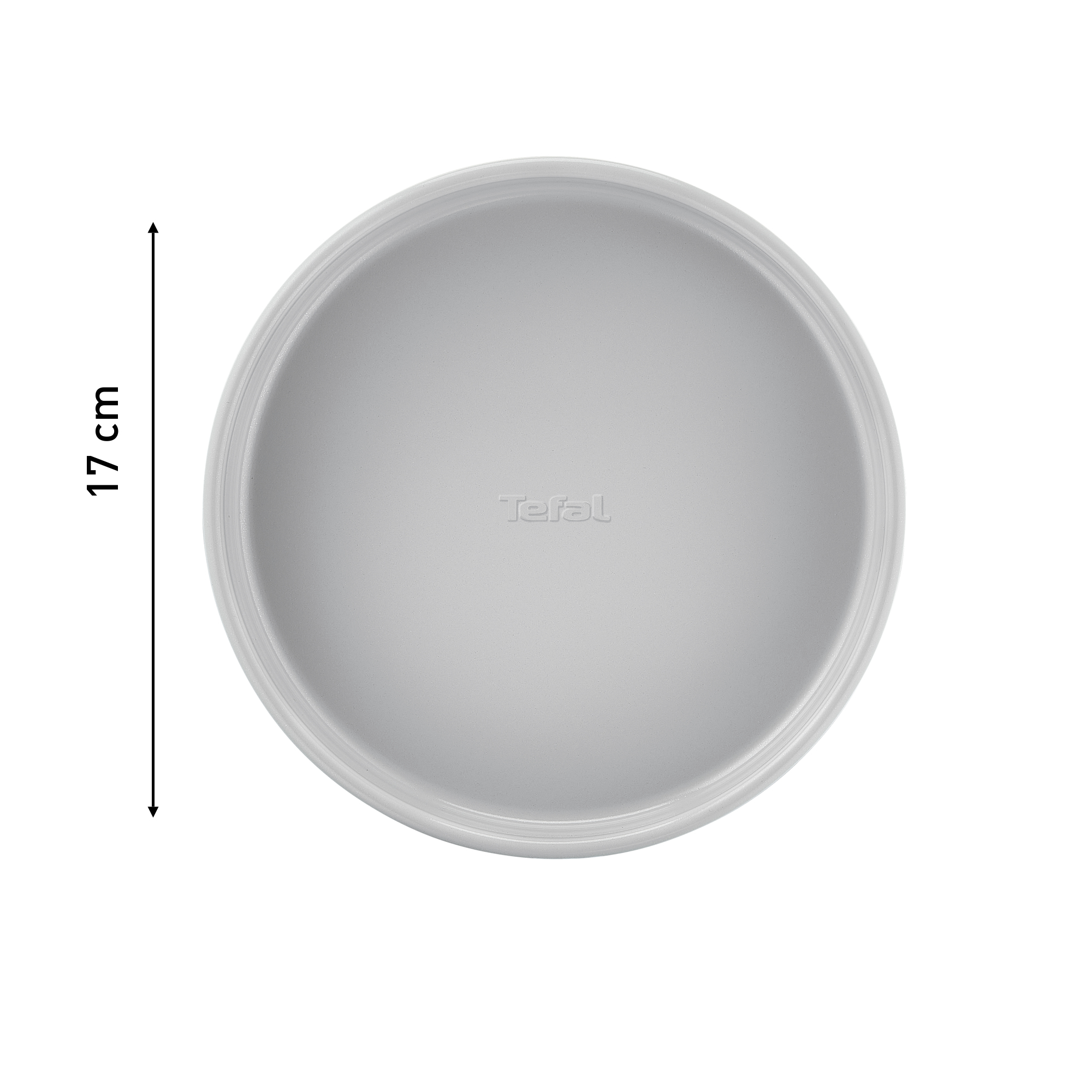 Graue runde Pfanne mit 17 cm Messung. Weißer Hintergrund. Tefal-Logo.