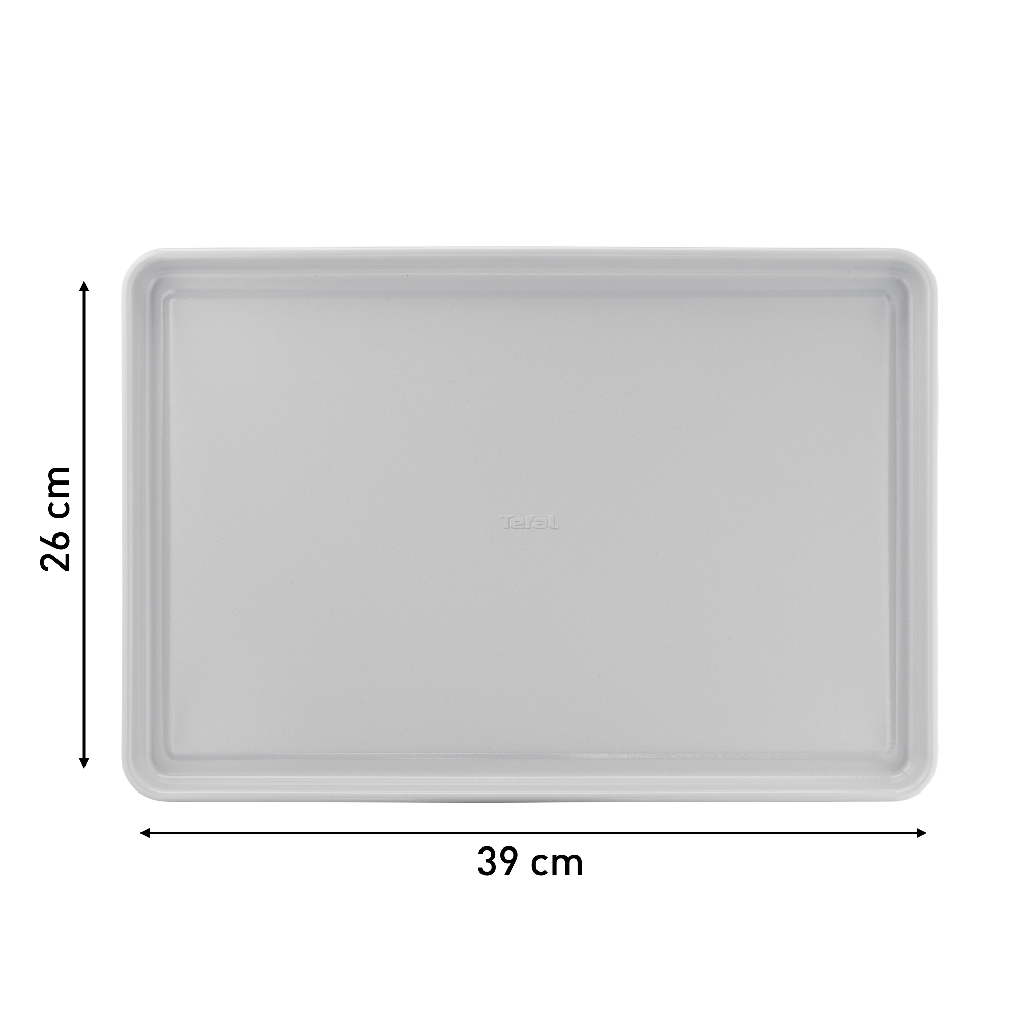 Graue rechteckige Pfanne mit 39 cm und 26 cm Messungen. Weißer Hintergrund. Tefal-Logo.