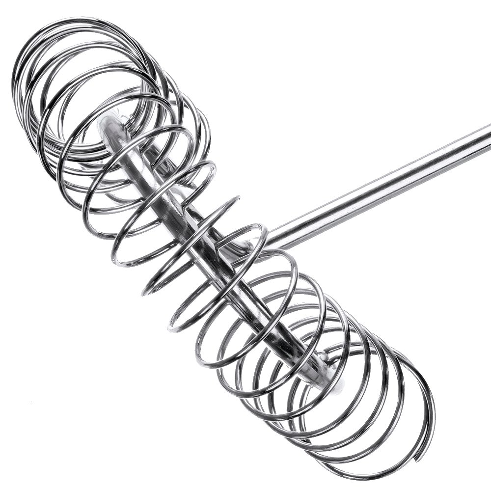 Ręczna trzepaczka ze stali nierdzewnej ze spiralnym wzorem, białe tło.