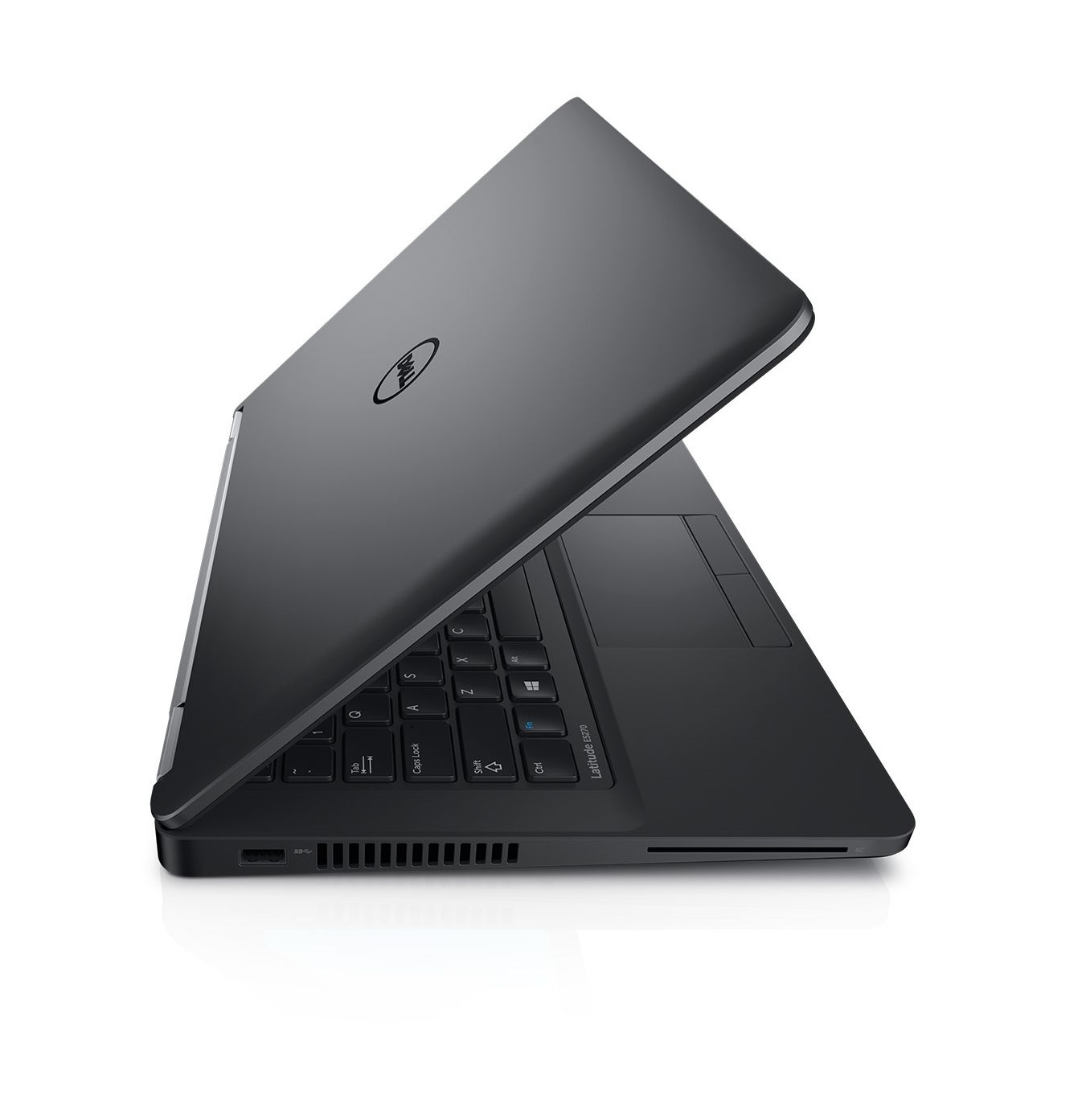 Schwarzer Dell-Laptop, teilweise geöffnet, Seitenansicht. Tastatur und Touchpad sind sichtbar.