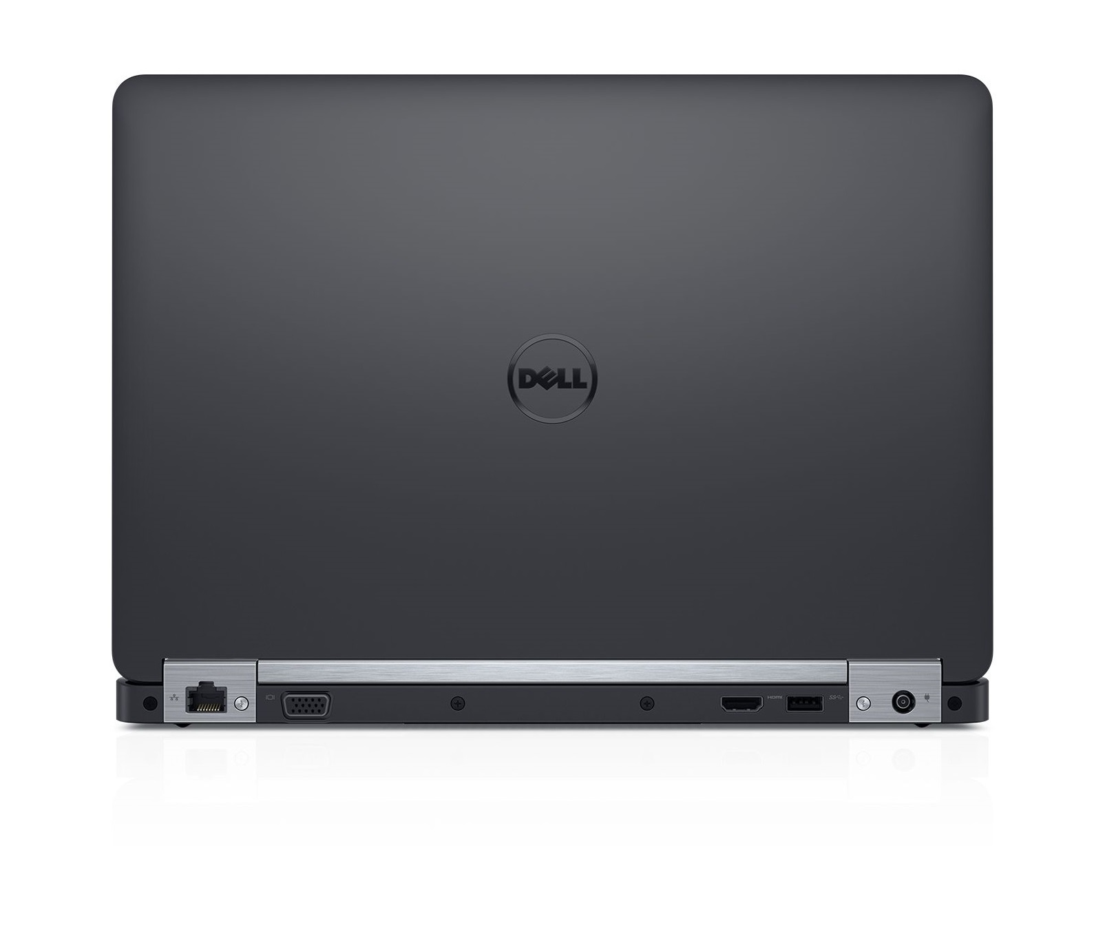 Schwarzer Dell-Laptop geschlossen, Rückansicht. Das Dell-Logo ist mittig auf dem Deckel.
