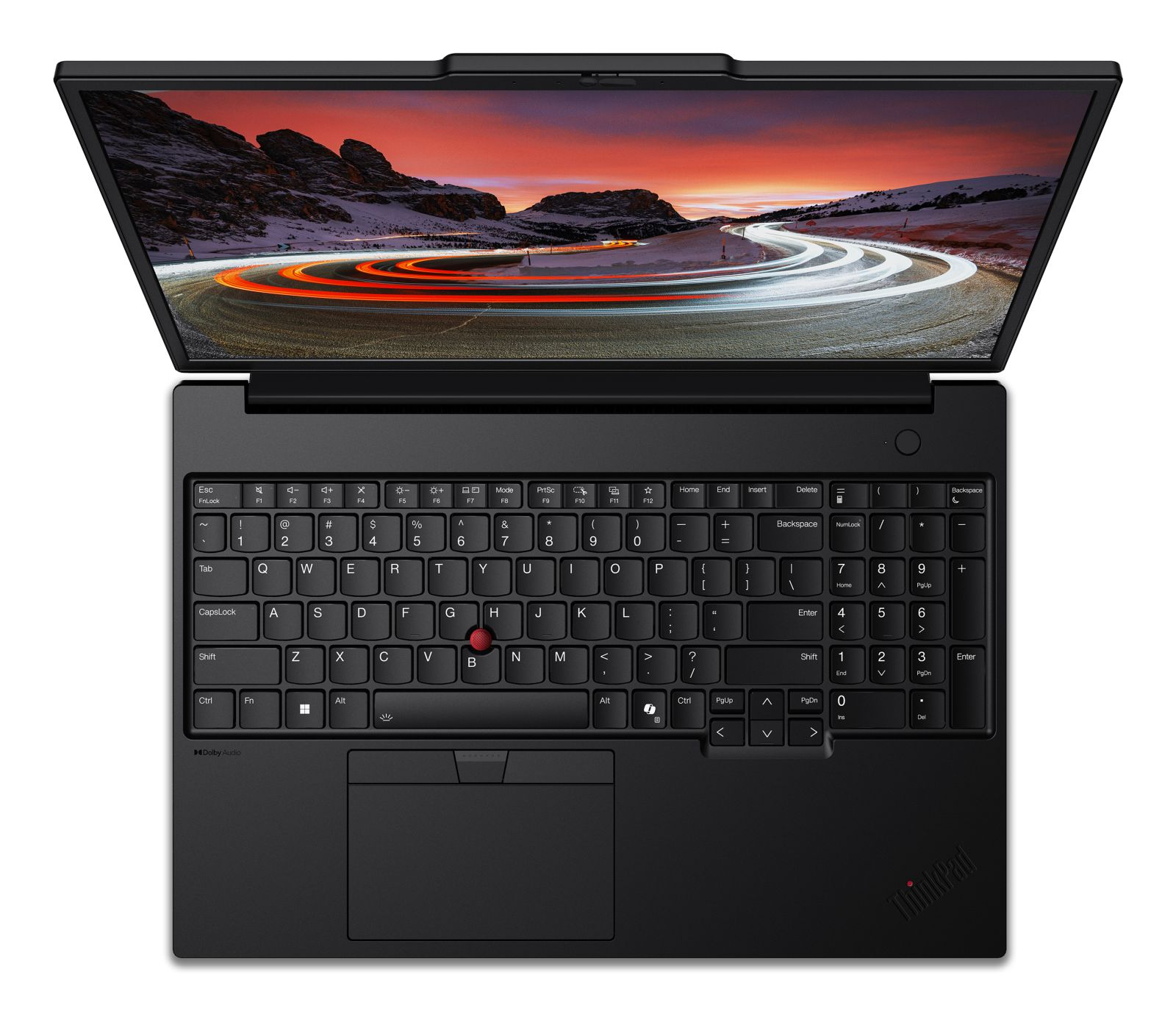 Schwarzes ThinkPad-Laptop, geöffnet. Draufsicht auf die Tastatur, mit rotem Trackpoint in der Mitte.