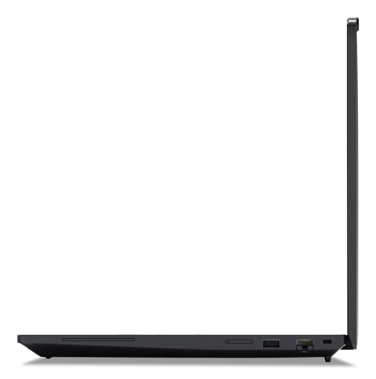 Schwarzer Laptop, Seitenansicht. Anschlüsse sind sichtbar. Der Laptop ist geschlossen. Die Seite ist schwarz.