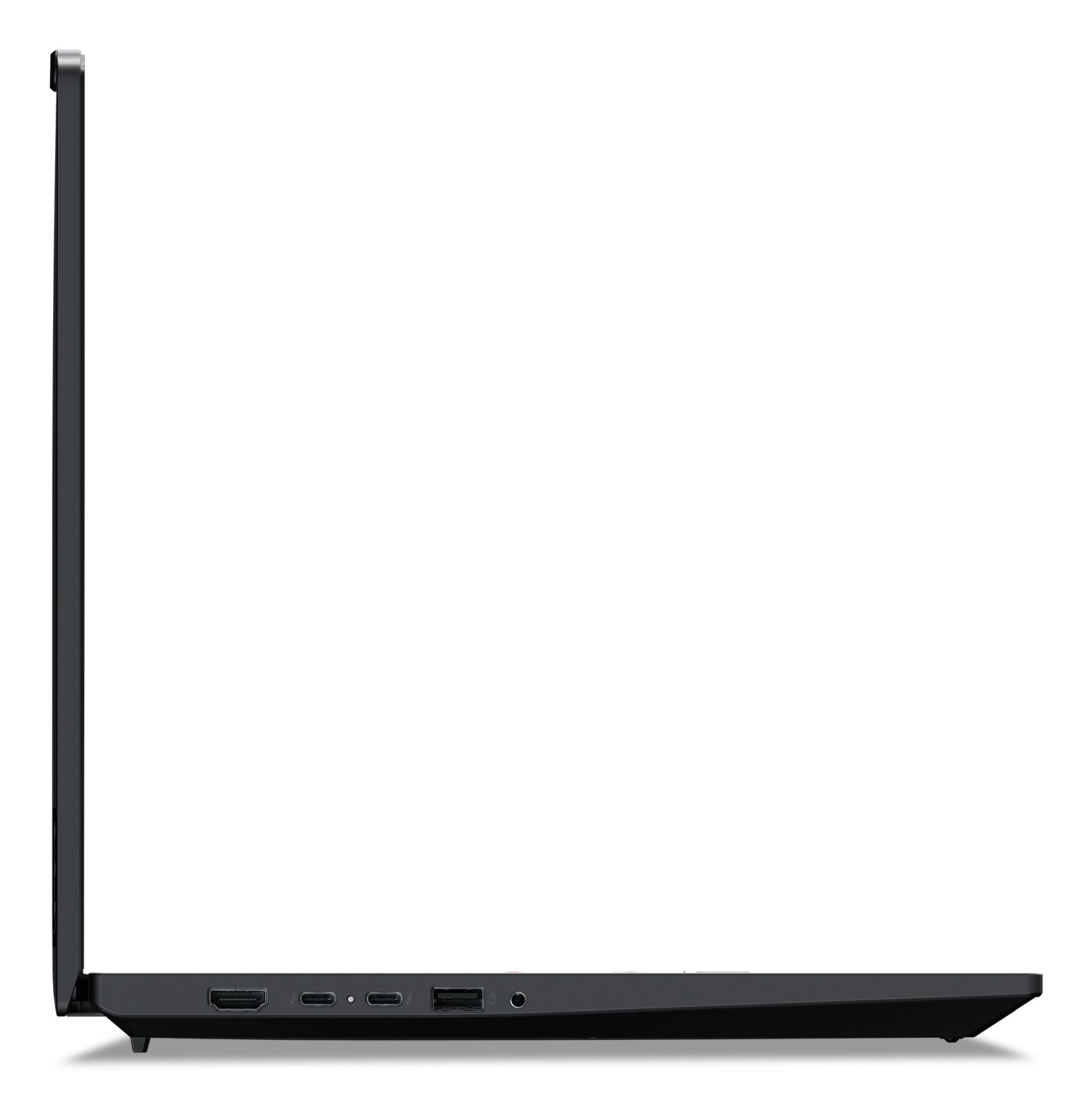 Schwarzer Laptop-Seitenansicht. Dunkle Anschlüsse. Weißer Hintergrund.