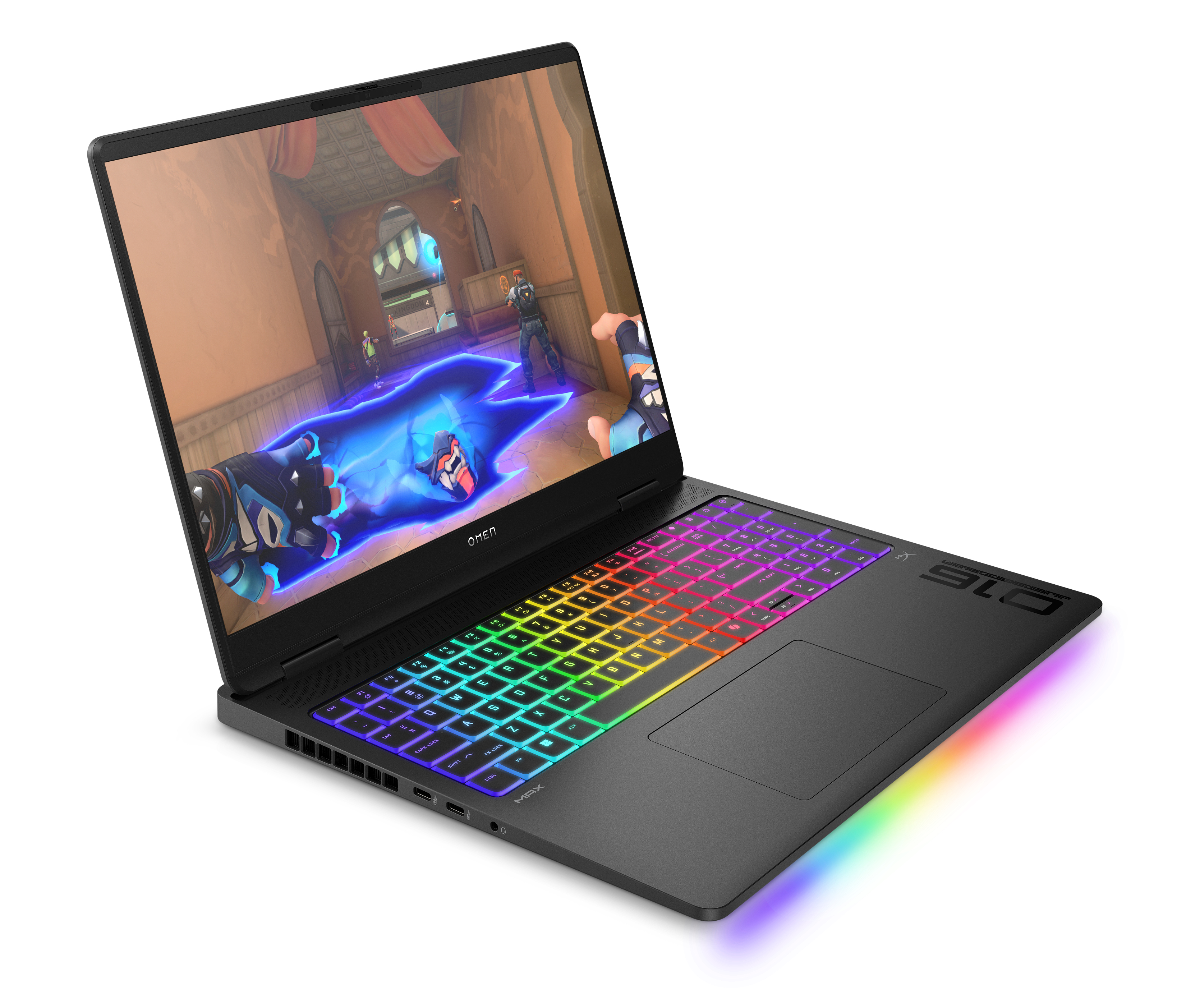 Zwarte OMEN laptop open, scherm toont game, kleurrijk toetsenbord, witte achtergrond.