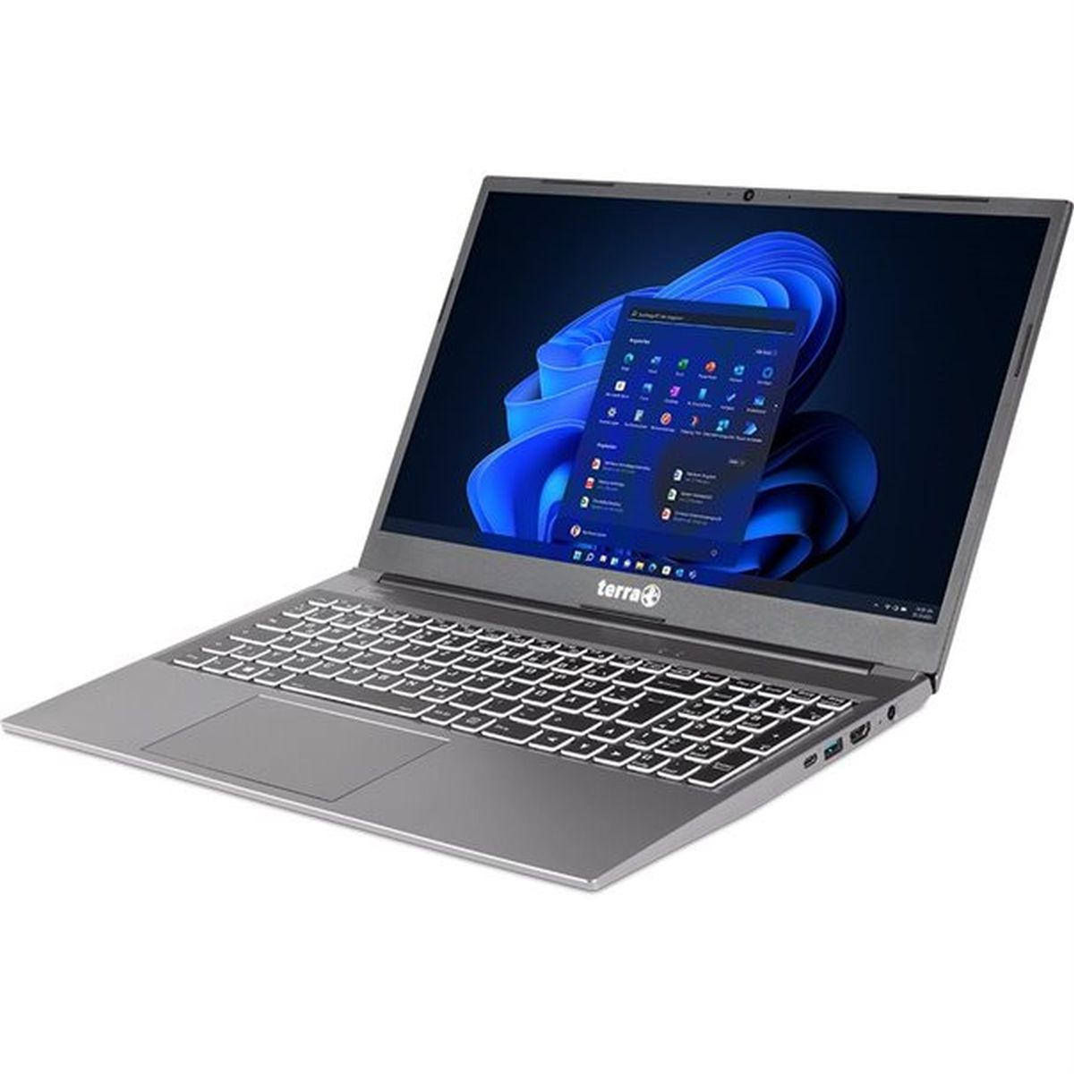 Ordinateur portable argenté avec écran bleu foncé et icônes Windows.
