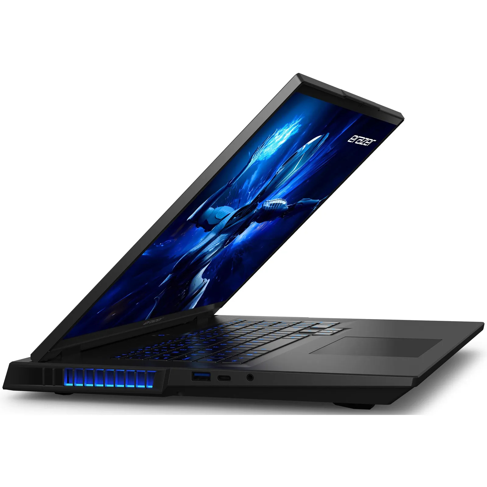 Portátil negro abierto en ángulo, pantalla muestra diseño azul y blanco. Teclado visible.