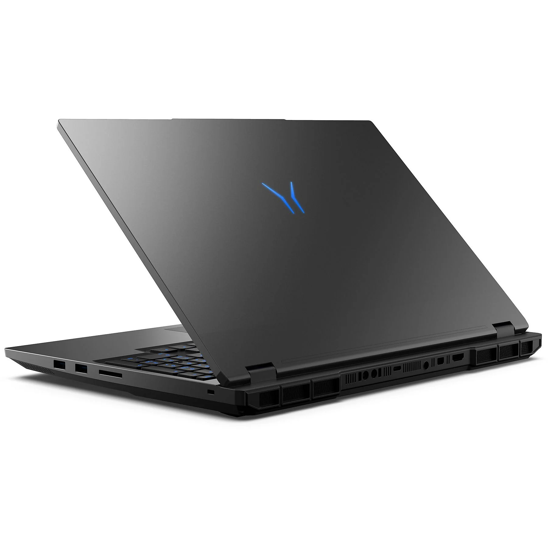 Laptop negro, vista trasera, en ángulo. Logotipo azul en la parte superior. Fondo blanco.