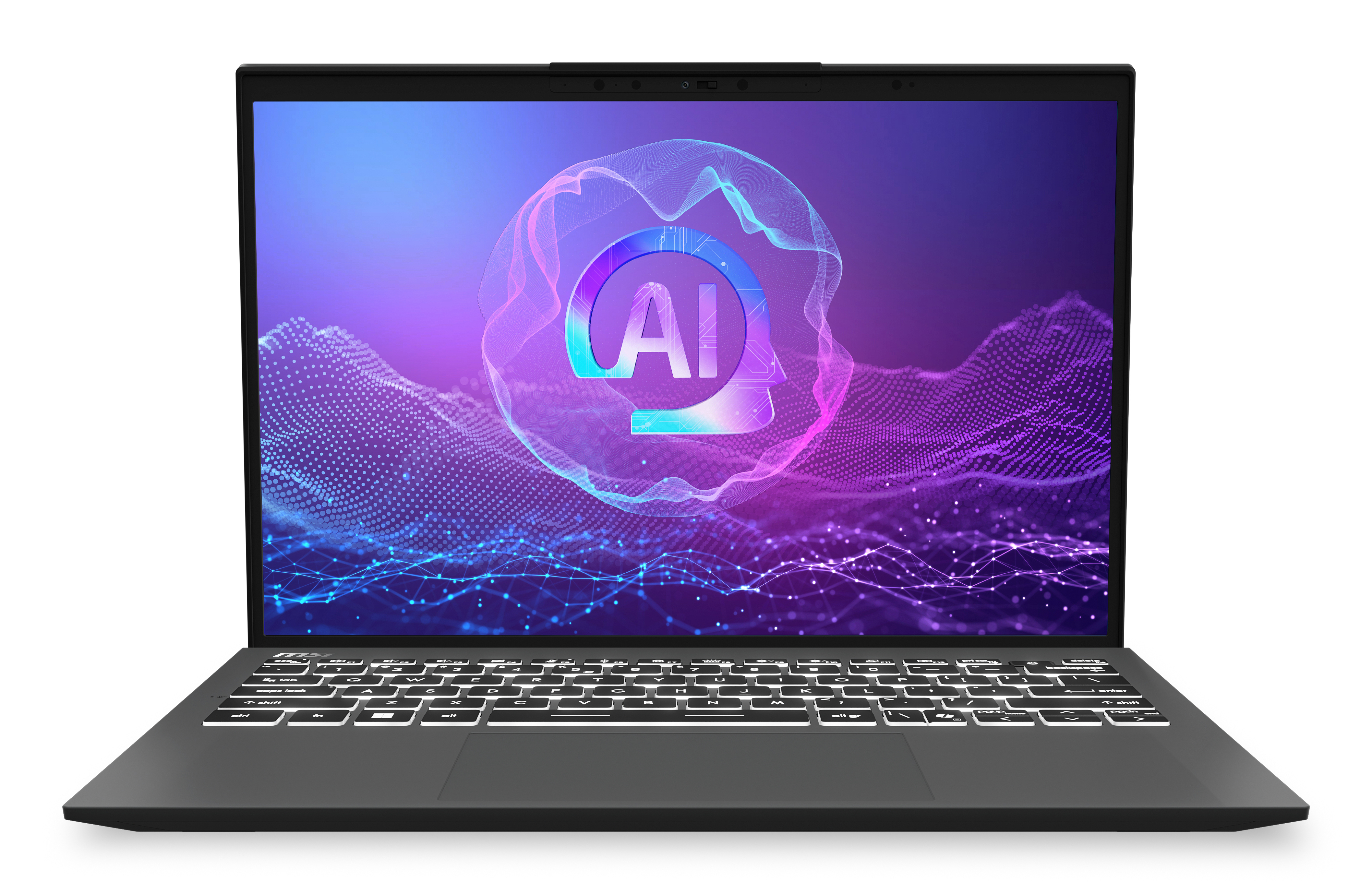 Laptop aperto, logo IA visualizzato. Corpo grigio scuro, tastiera bianca, sfondo viola e blu.