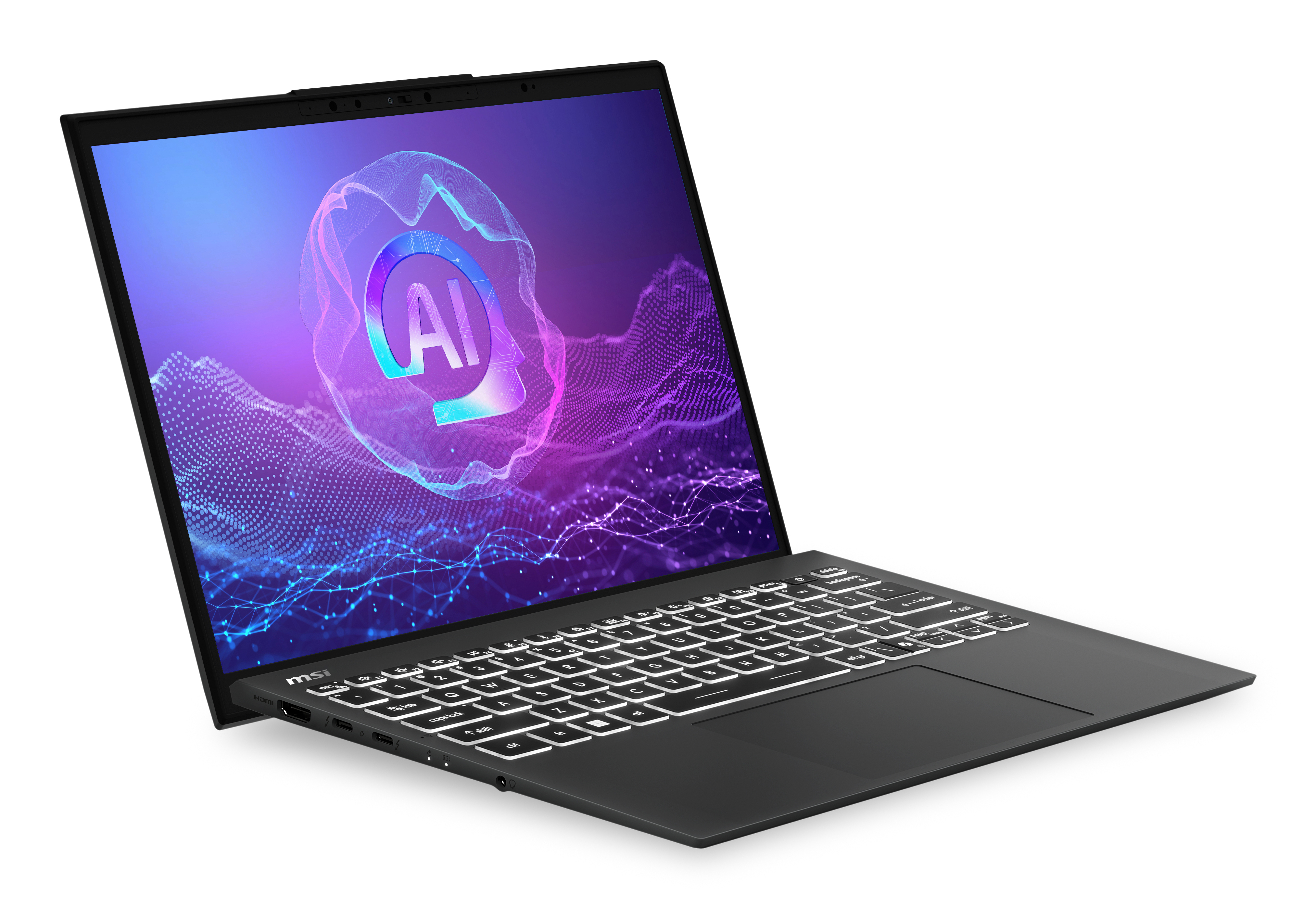 Laptop MSI aperto, tastiera bianca, grafica AI sullo schermo, corpo scuro.