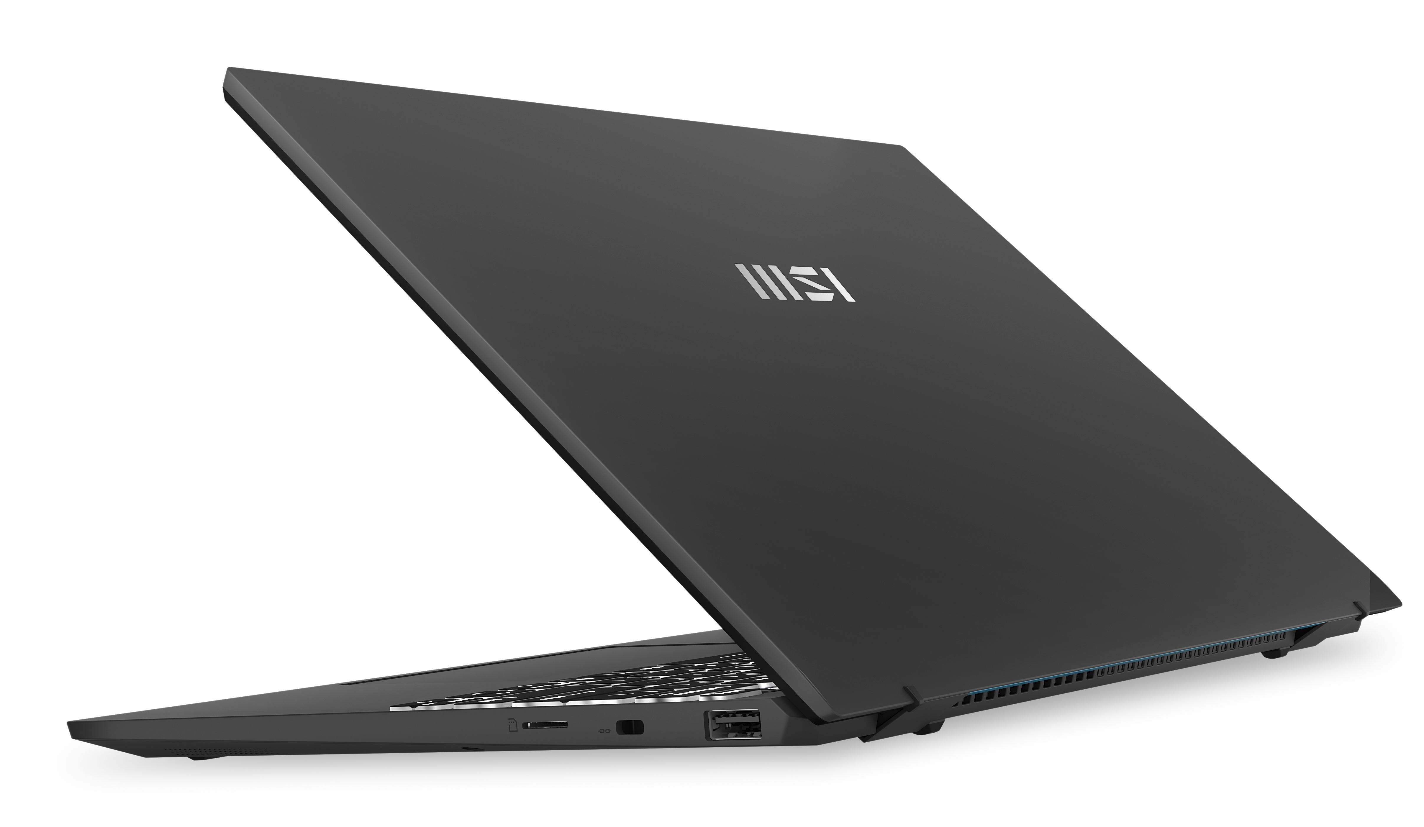 Laptop nero con coperchio chiuso. Sfondo bianco.