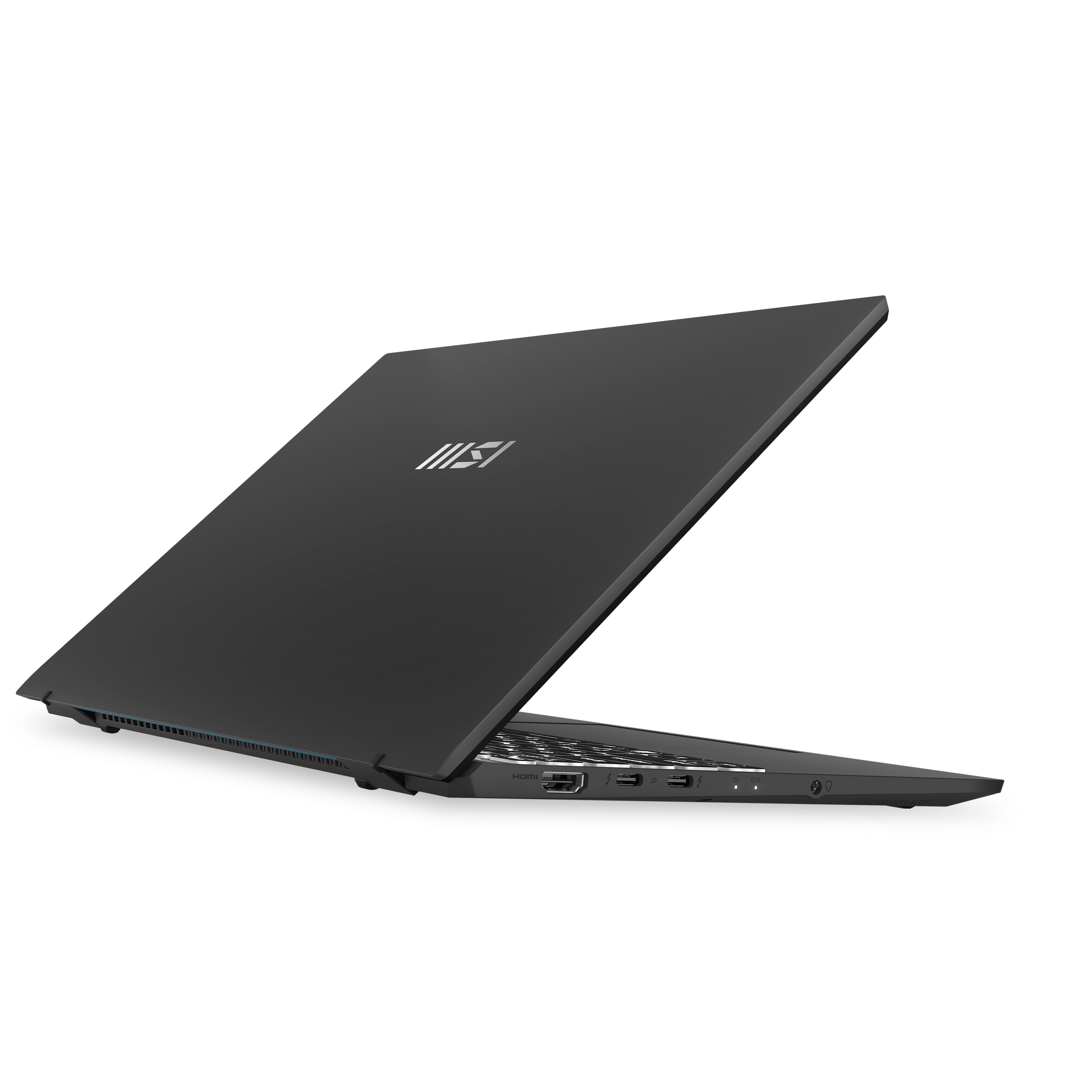 Un laptop nero è leggermente aperto, mostrando la sua parte posteriore. Il logo MSI è visibile.