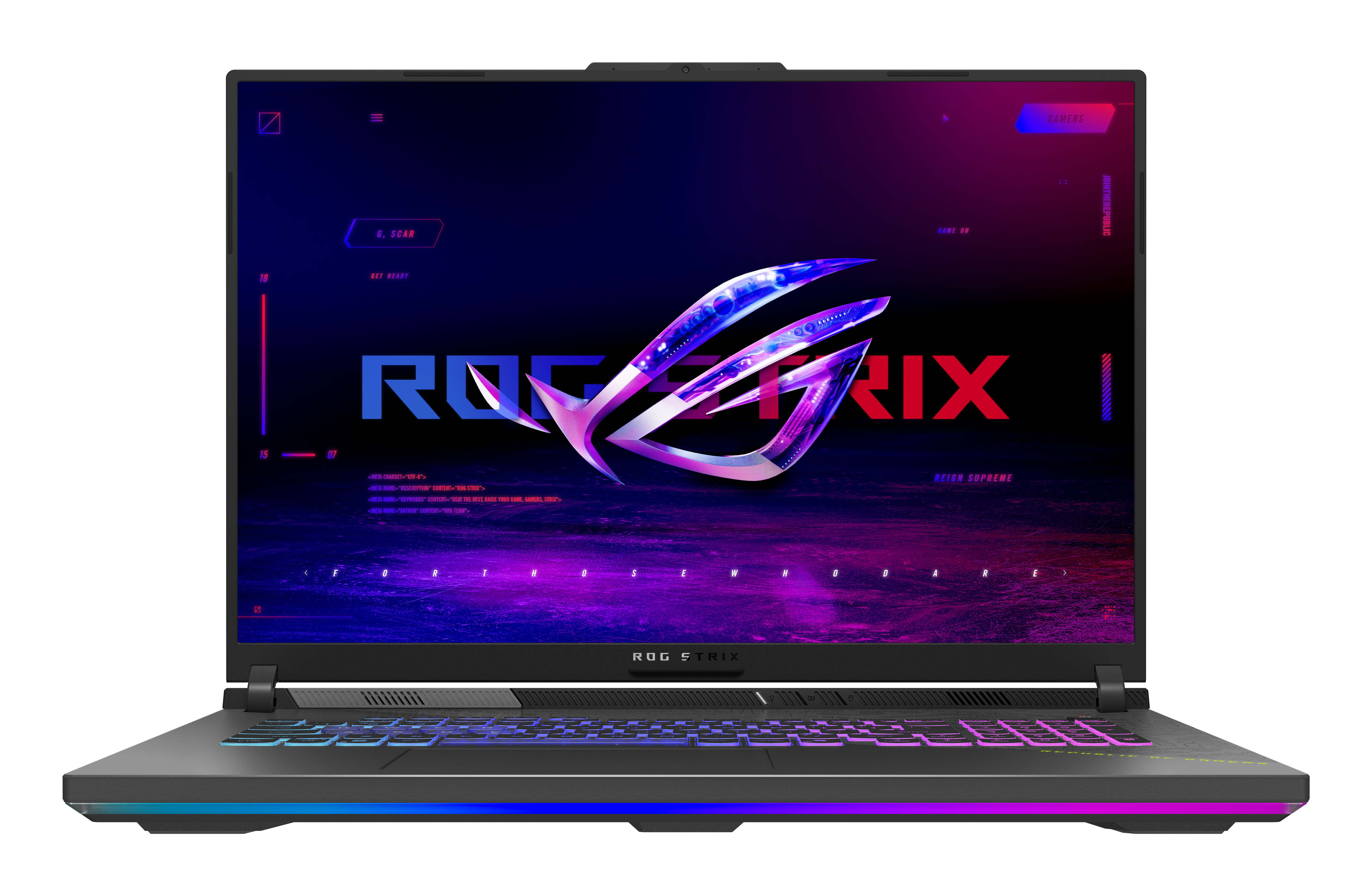 Opened gaming laptop with ROG Strix logo on screen, keyboard lit with colorful lights.