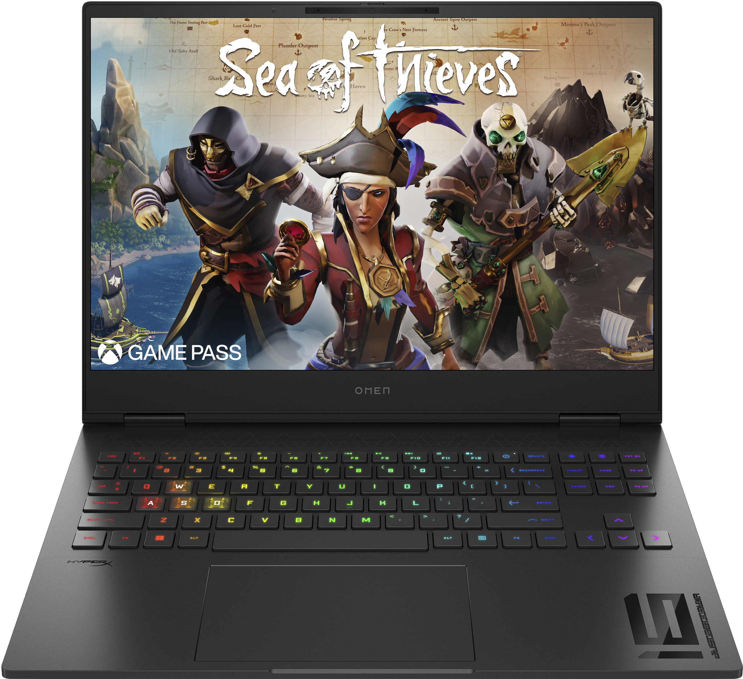 Laptop nero con il gioco Sea of Thieves sullo schermo. La tastiera ha luci colorate.
