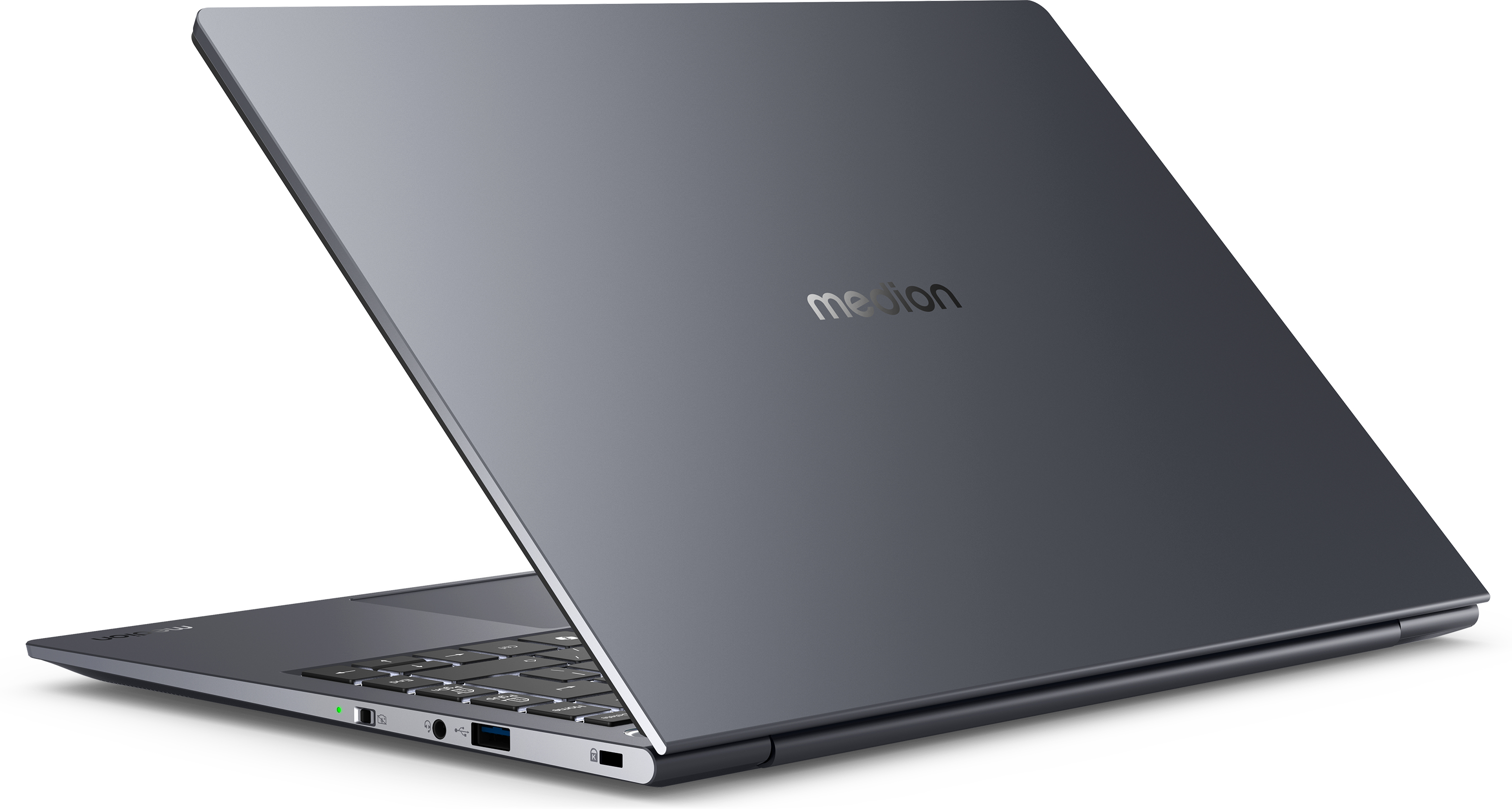 A dark gray Medion laptop, slightly open, top view. The Medion logo is visible.