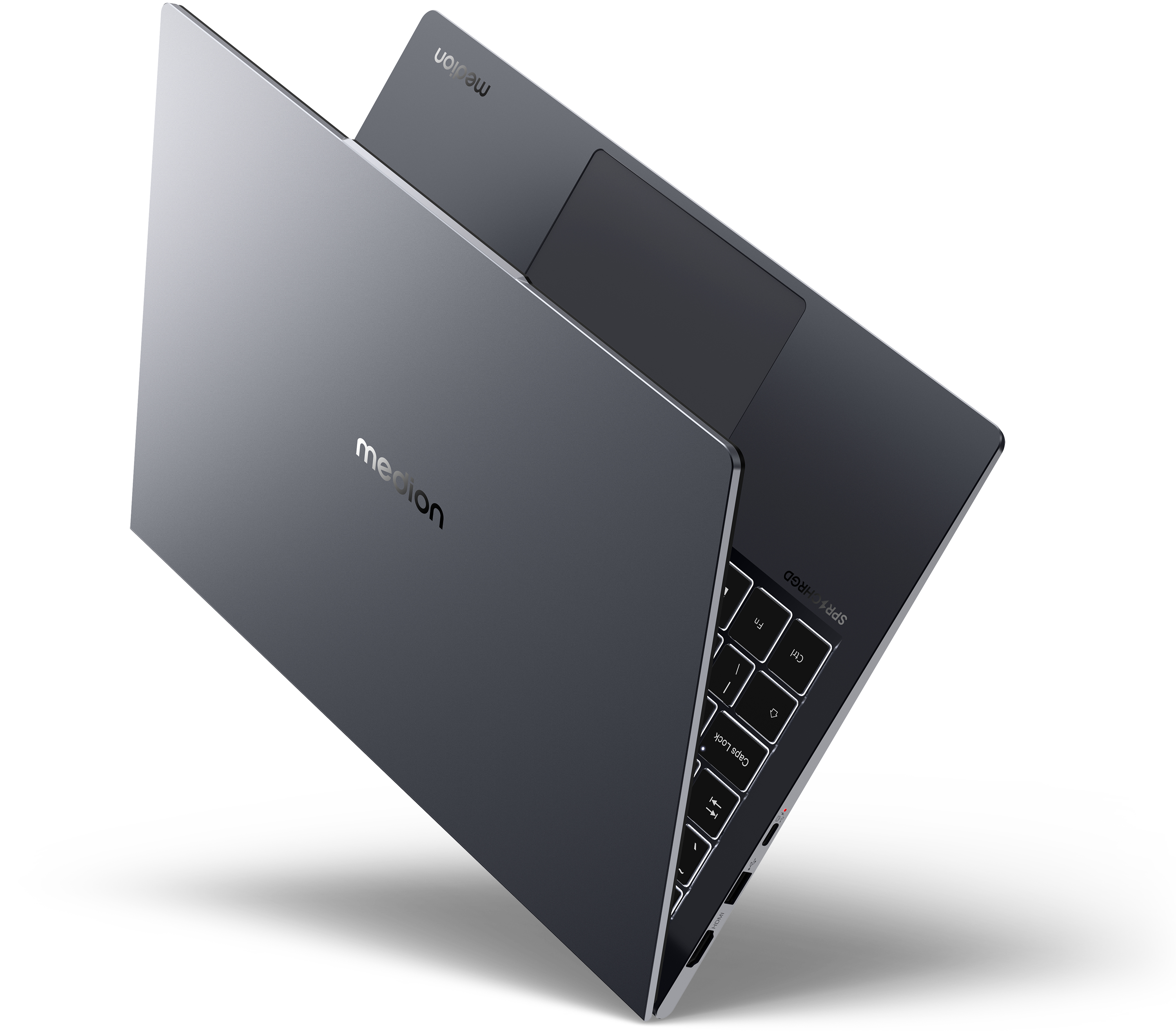 Dark gray laptop, partially open, angled. Medion logo visible on the top.