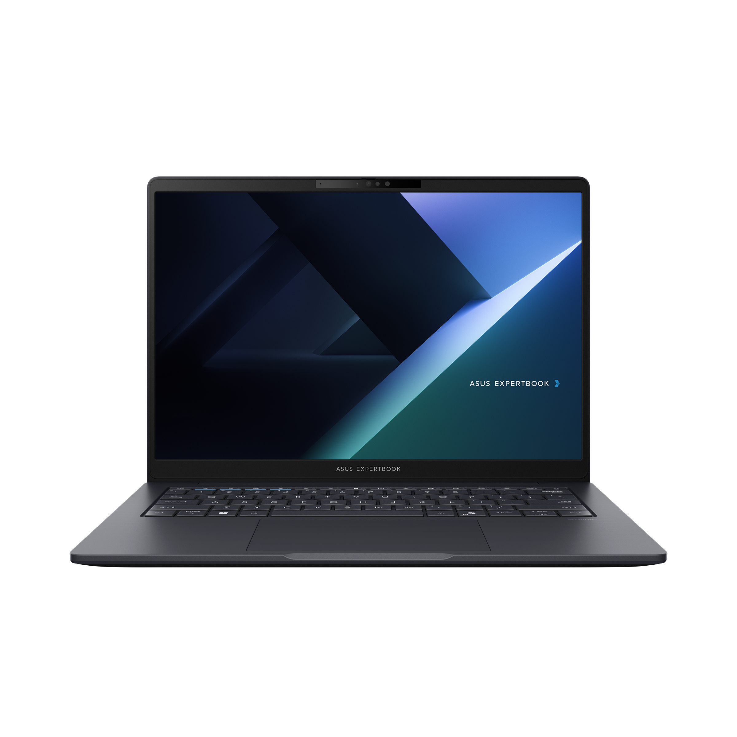 Blauer ASUS ExpertBook-Laptop, geöffnet, auf weißem Hintergrund. Bildschirm zeigt blaue Grafik.