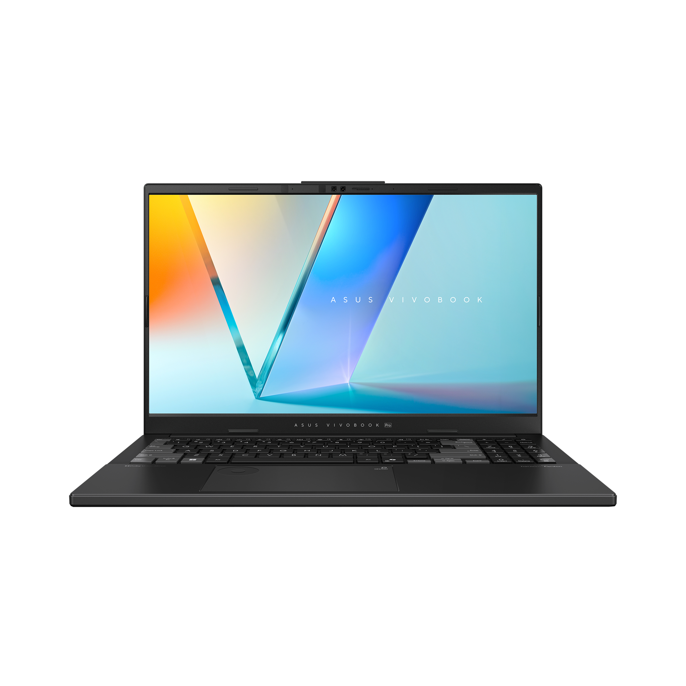 Black ASUS Vivobook laptop, open, on white background. Screen displays a colorful design.