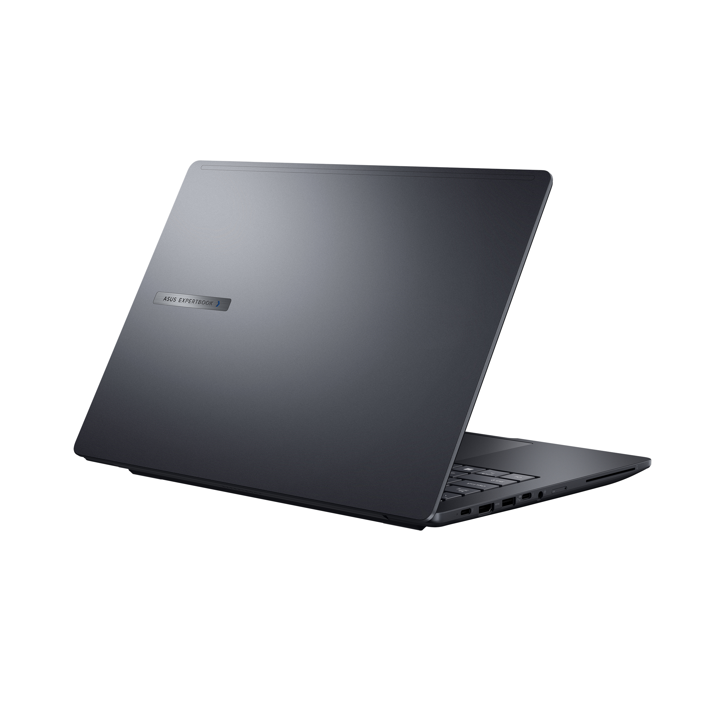 Dunkelgraue Laptop-Rückansicht auf weißem Hintergrund. ASUS EXPERTBOOK-Logo sichtbar.