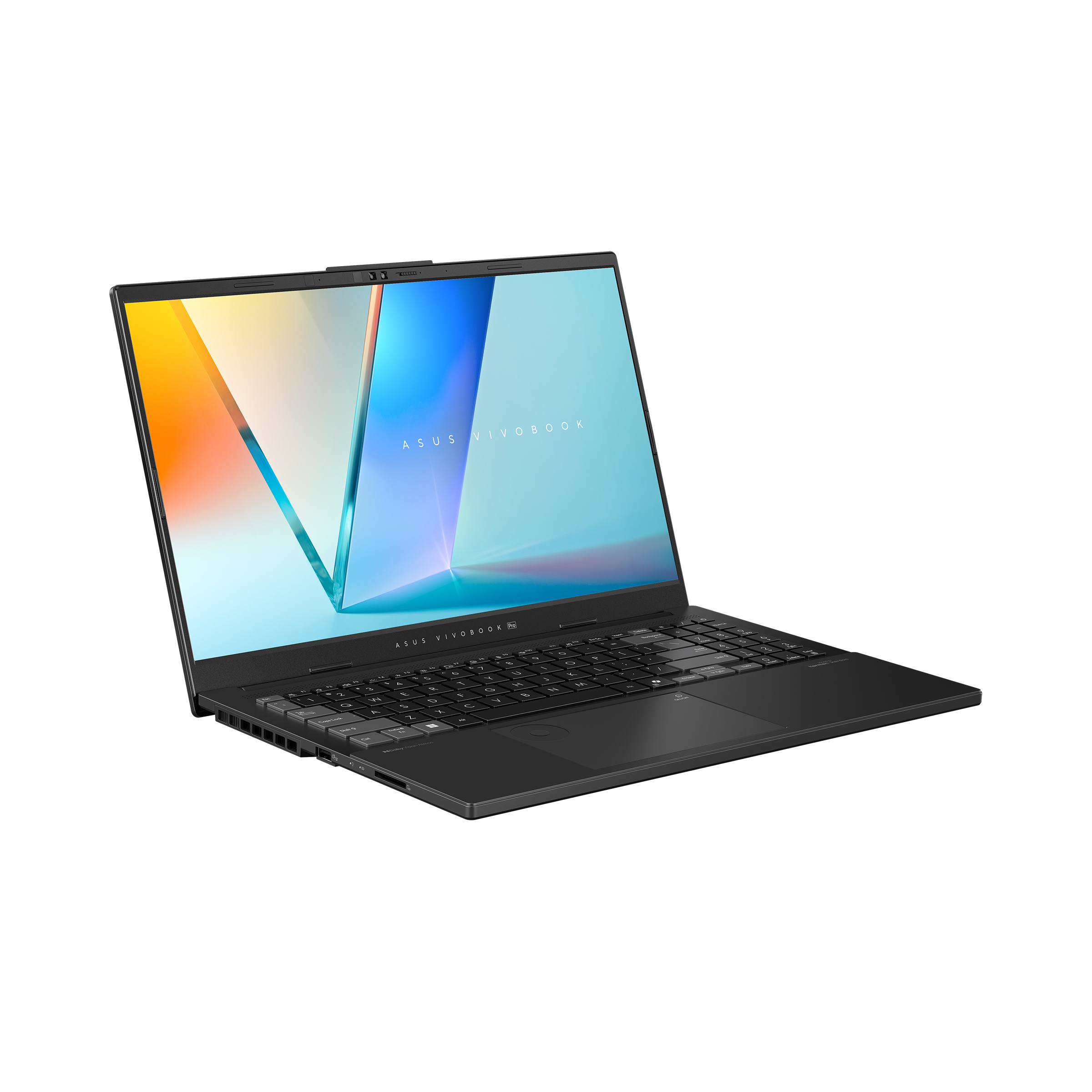 Black laptop open, angled to the left. The screen shows a blue, white and yellow gradient graphic.