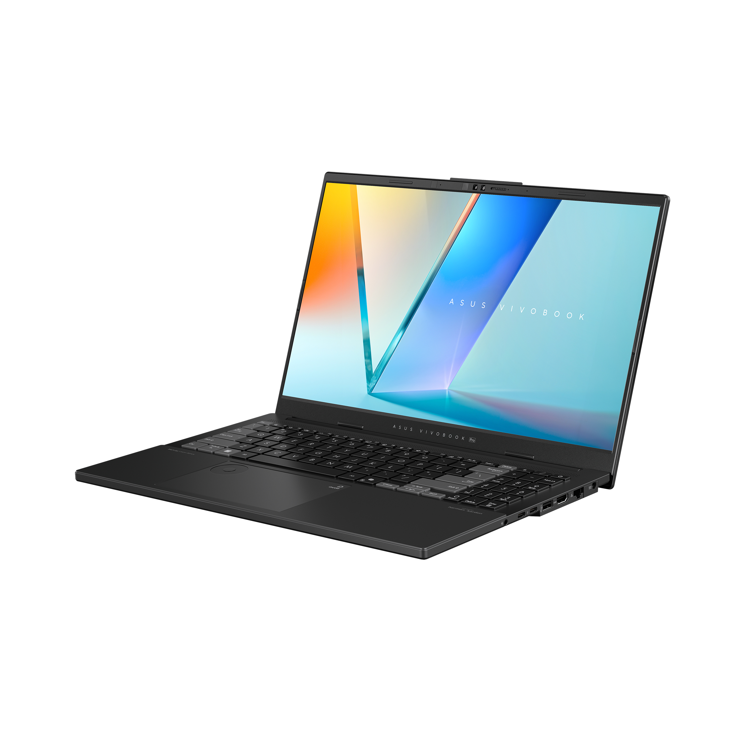 Black ASUS Vivobook Pro laptop, open, on white background. Showing a colorful design.