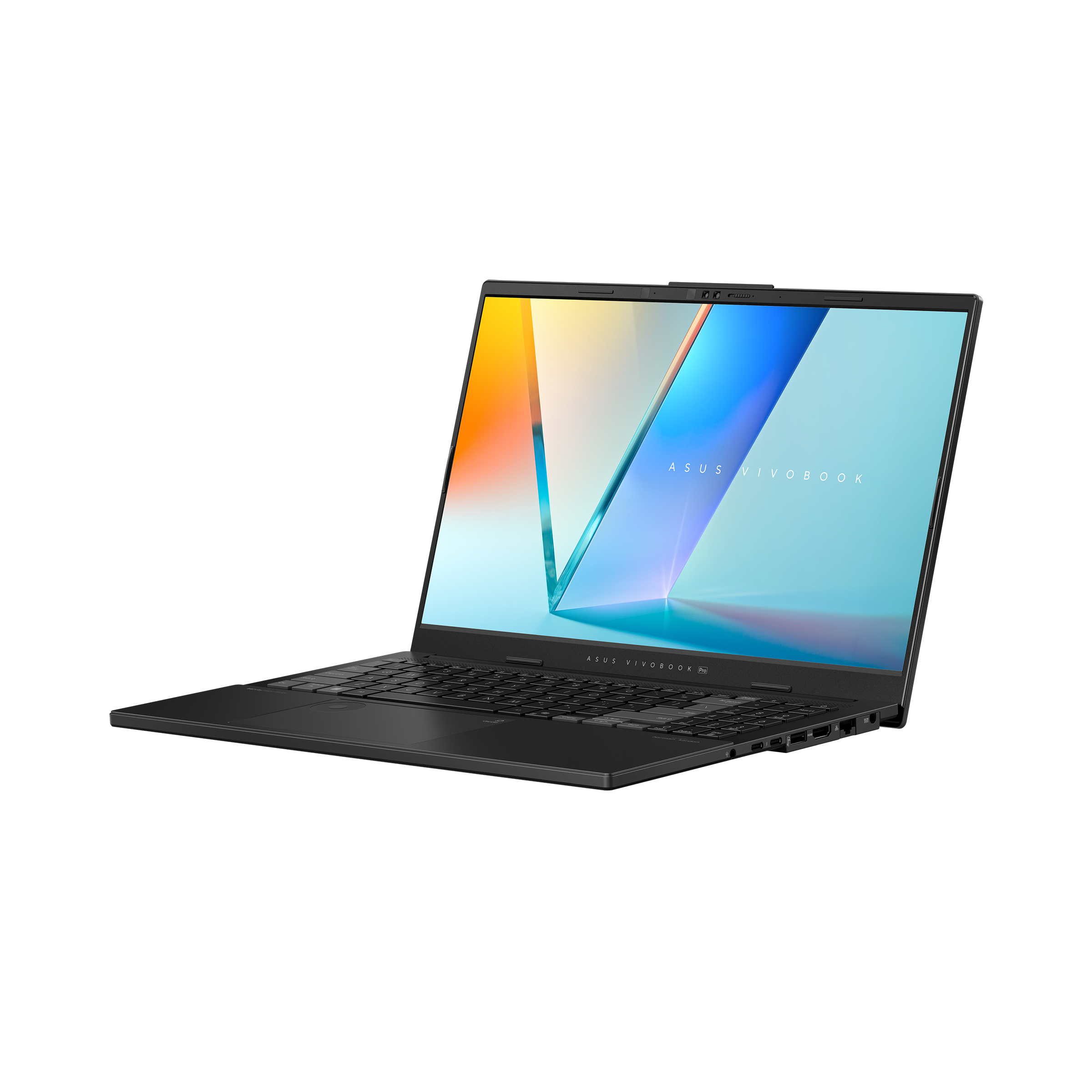 Black laptop open. The screen shows a blue, white and yellow gradient graphic. Angled to the left.