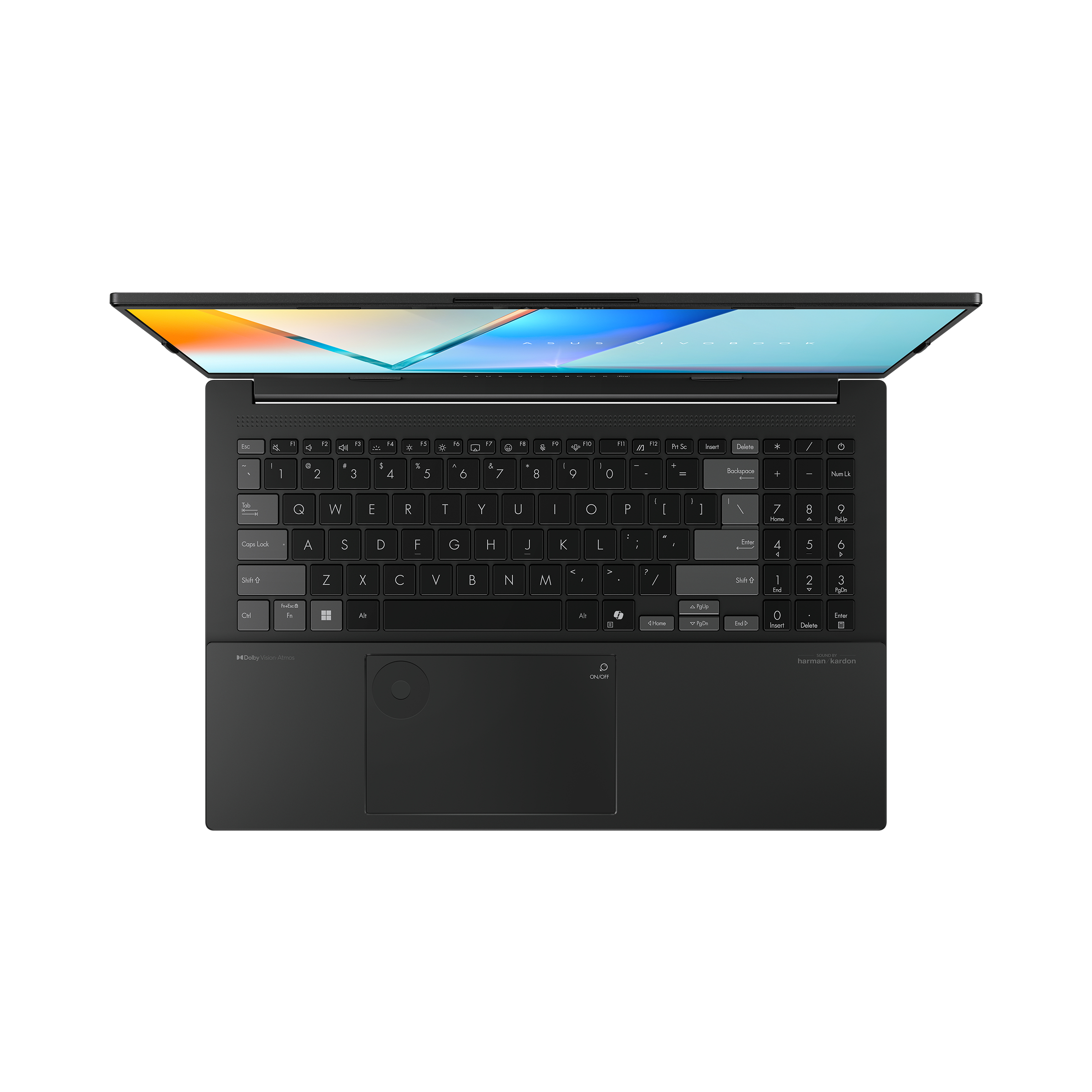 Black laptop, top view, on white background. Keyboard and trackpad visible.