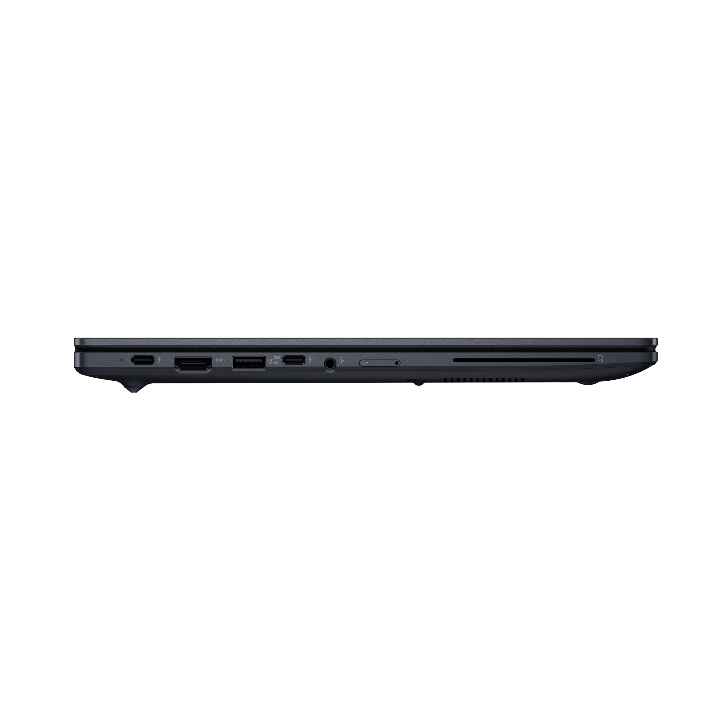 Seitenansicht eines dunkelgrauen Laptops mit Anschlüssen. Der Laptop steht vor weißem Hintergrund.