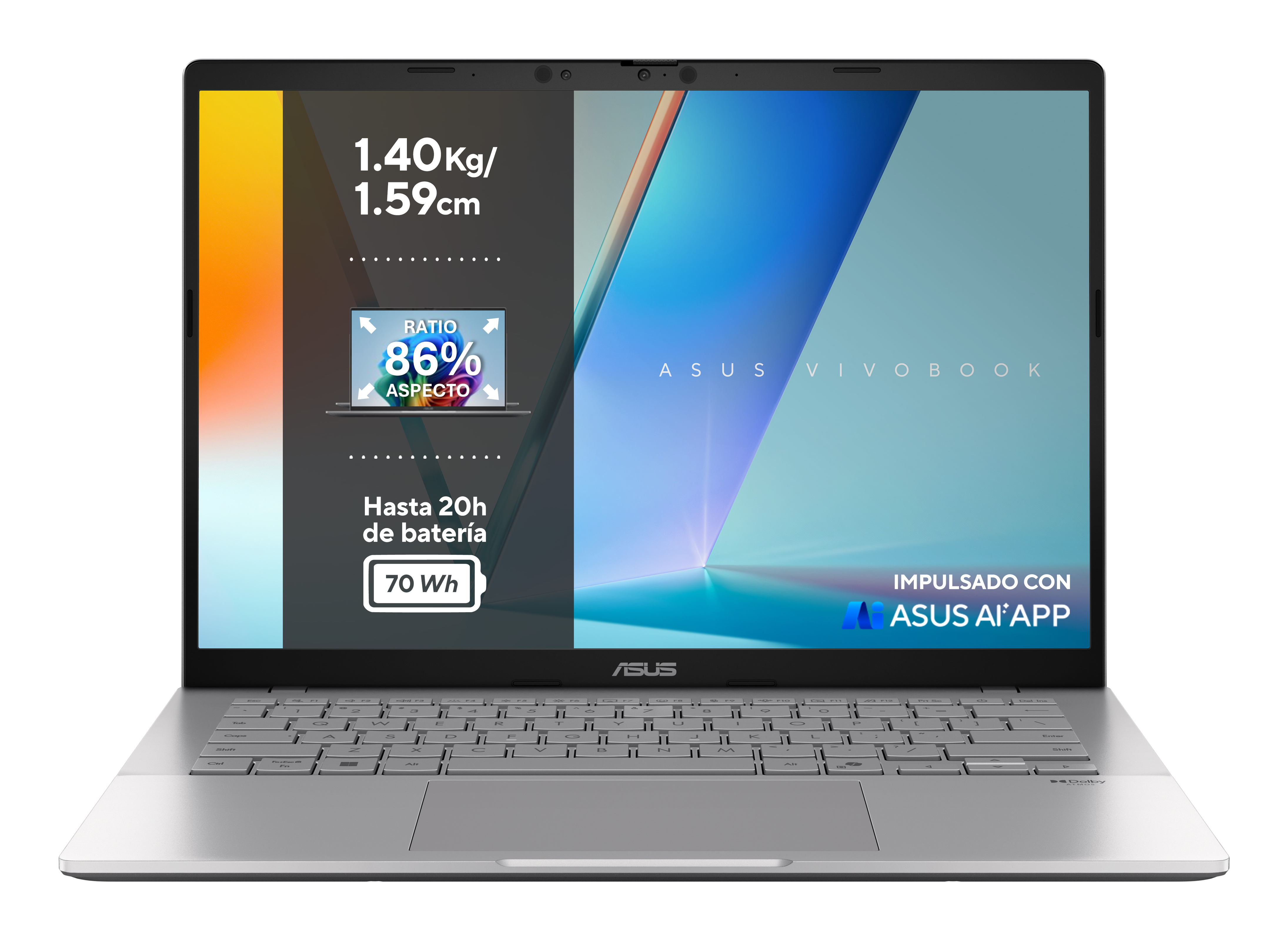 Portátil plateado abierto, mostrando pantalla con texto e infografías. La marca ASUS Vivobook es visible.