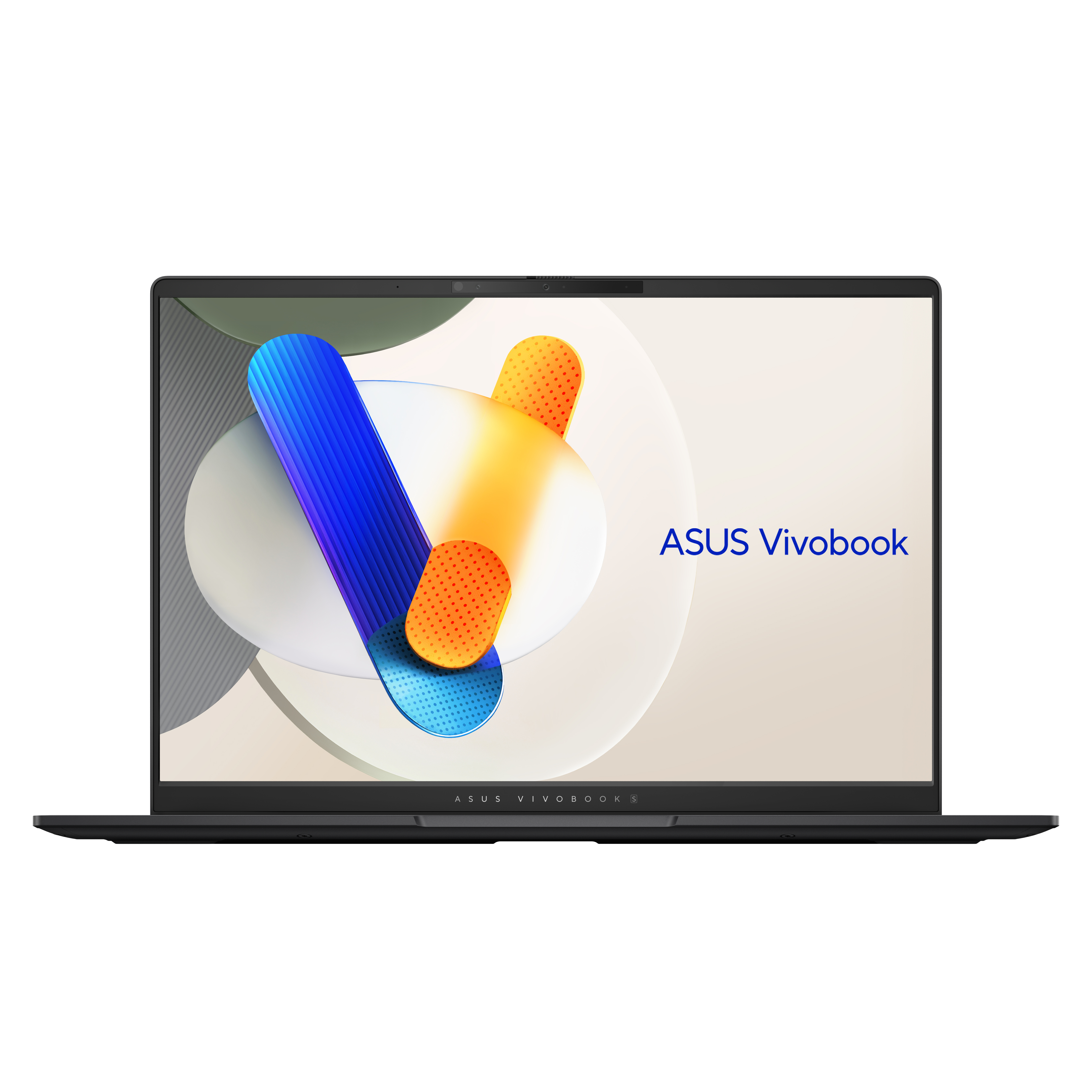 Czarny laptop, otwarty, wyświetlający abstrakcyjny wzór w kolorze niebieskim, żółtym i pomarańczowym. Tekst ASUS Vivobook.
