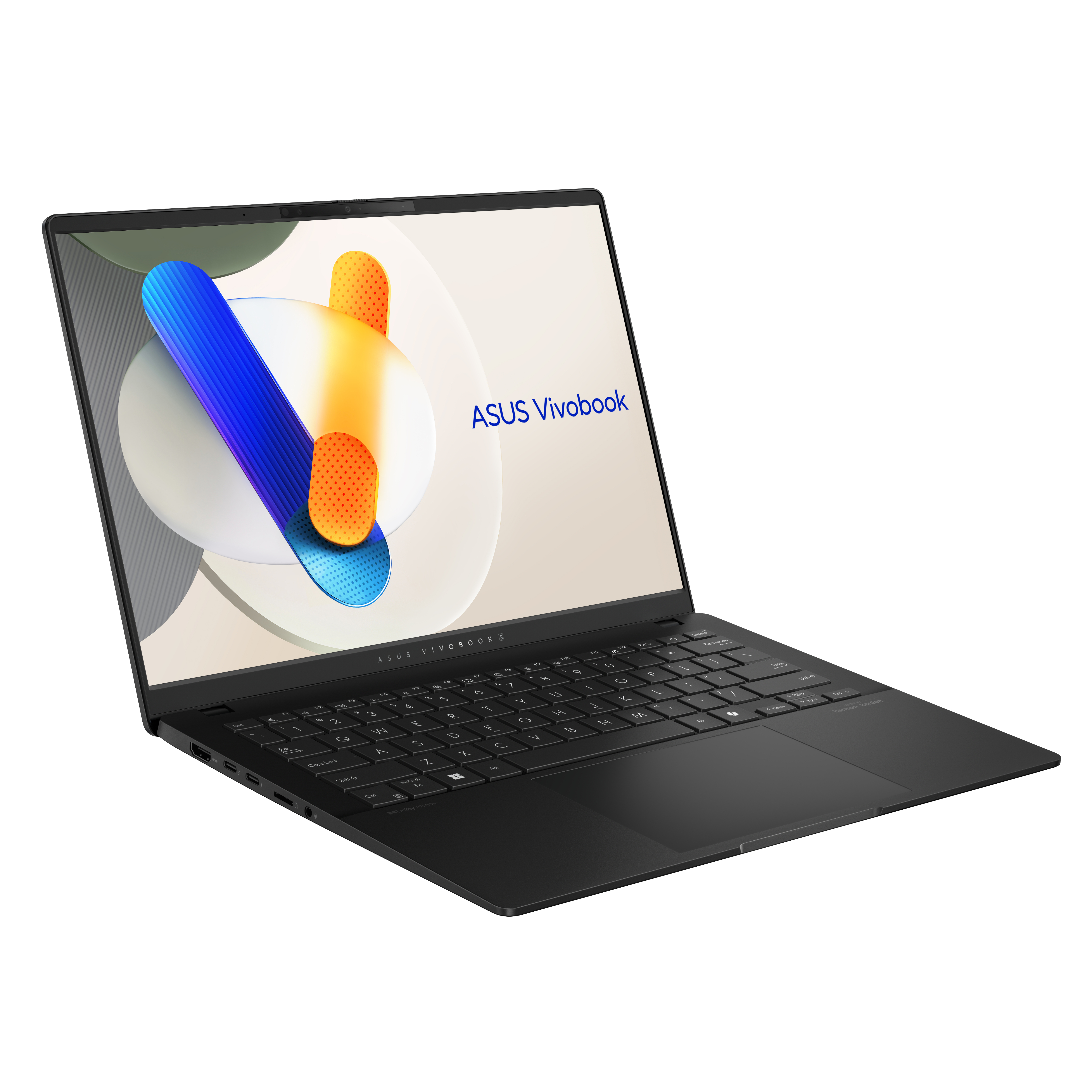 Czarny laptop ASUS Vivobook otwarty, z grafiką, na białym tle.