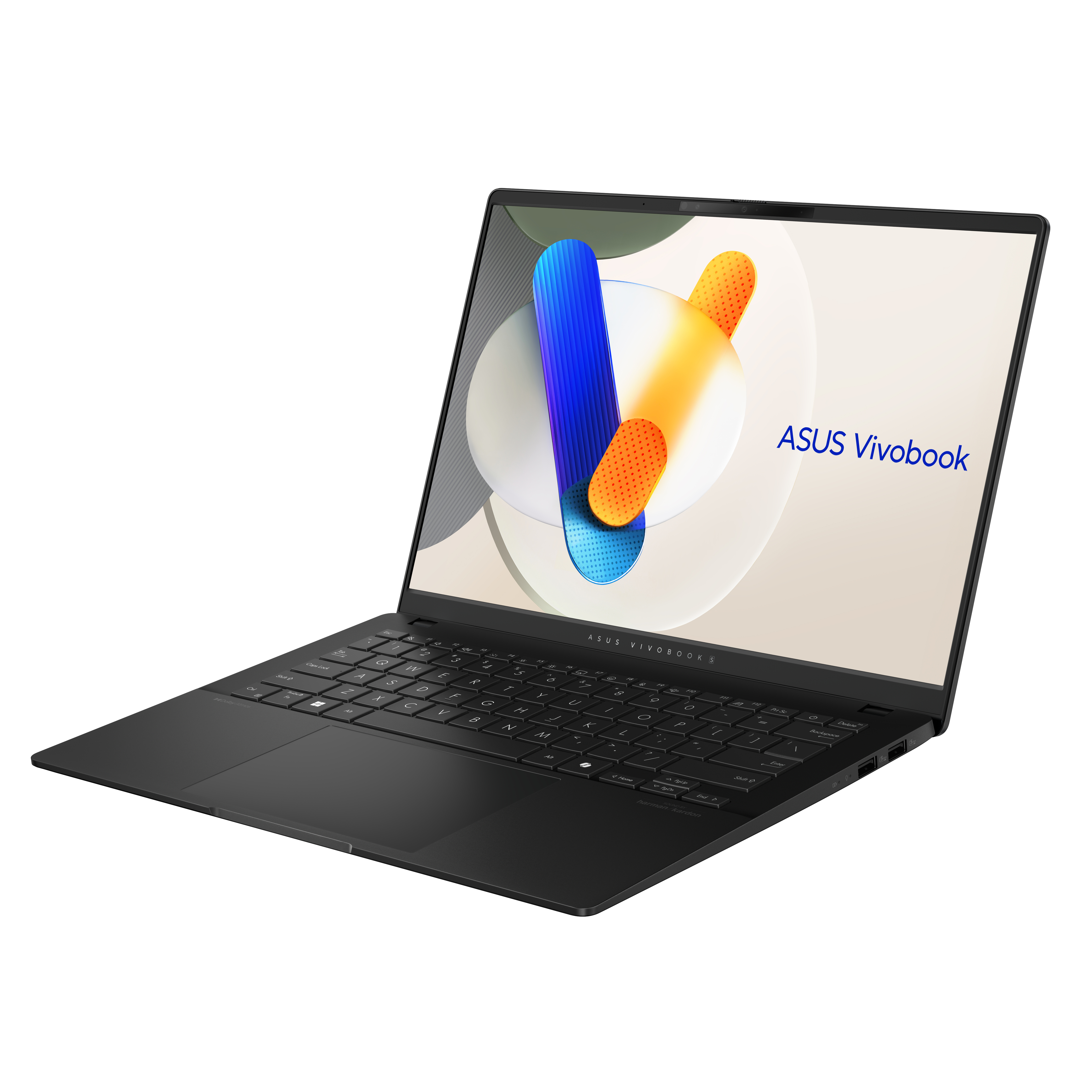 Czarny laptop ASUS Vivobook z kolorową grafiką ekranu, pod kątem, otwarty. Klawiatura widoczna.