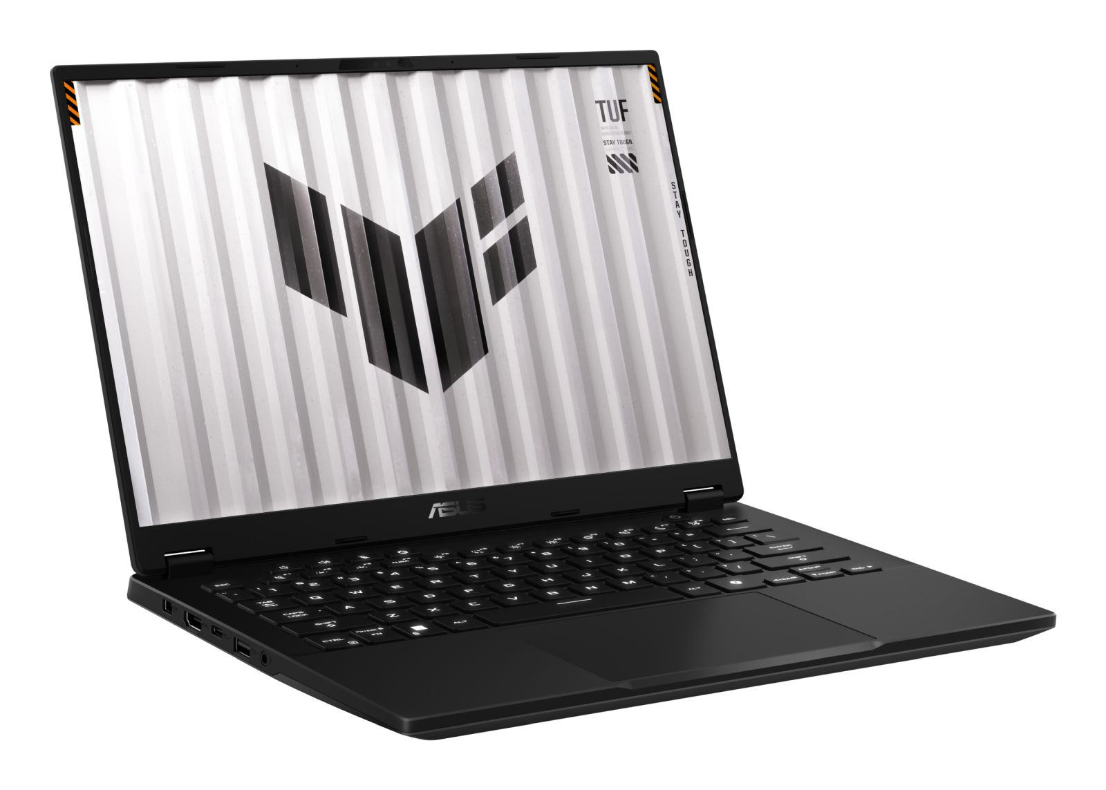 Czarny laptop ASUS TUF, otwarty, widok pod kątem. Ekran pokazuje logo TUF.