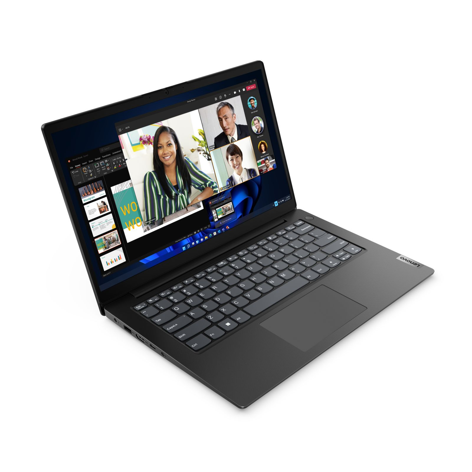 Czarny laptop, rozmowa wideo na ekranie, osoby w wideo, białe tło.